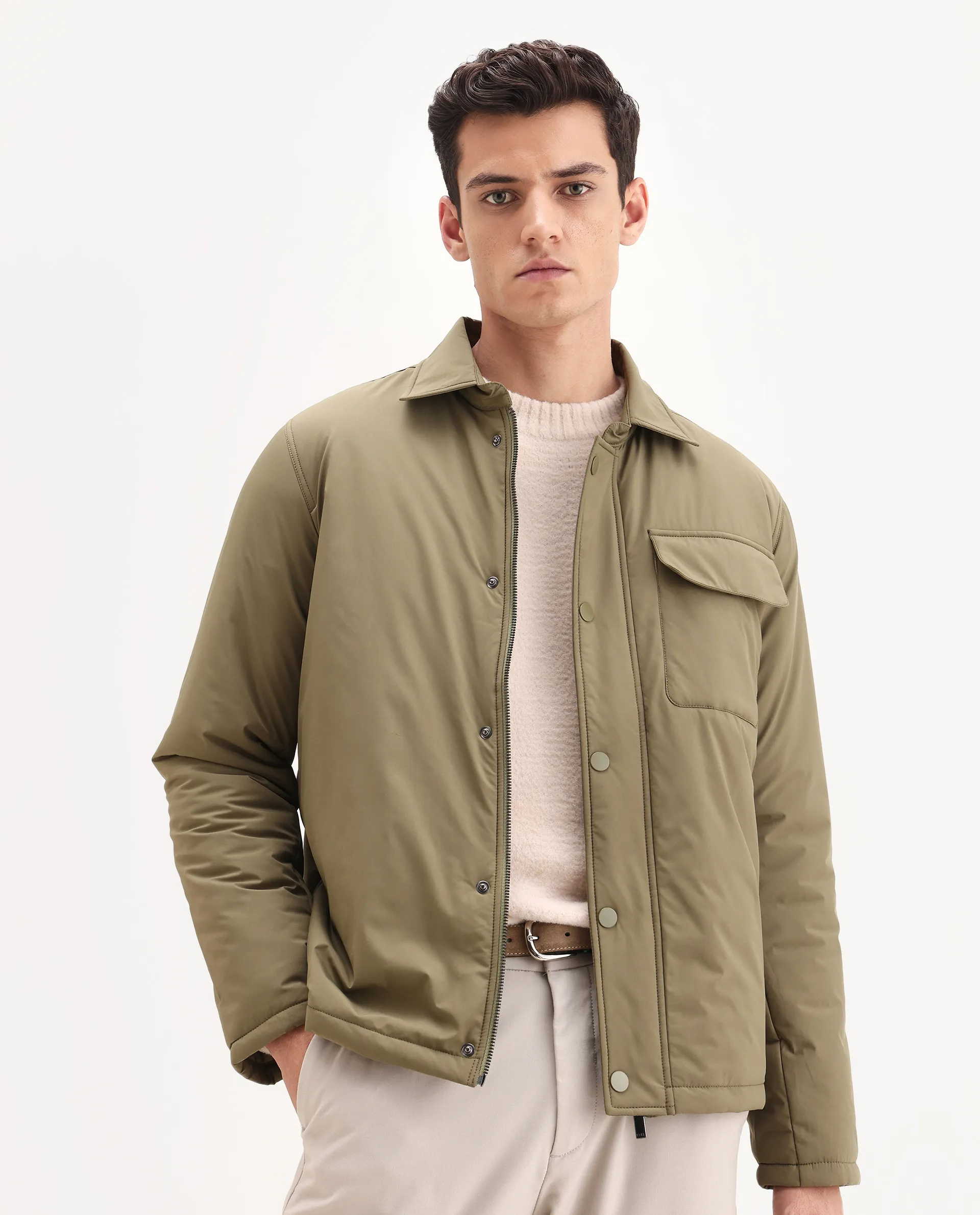 Rare Rabbit Men's Fagu-25 Olive Polyester Blend Fabric Collared Neck Relaxed Fit Plain Jacket