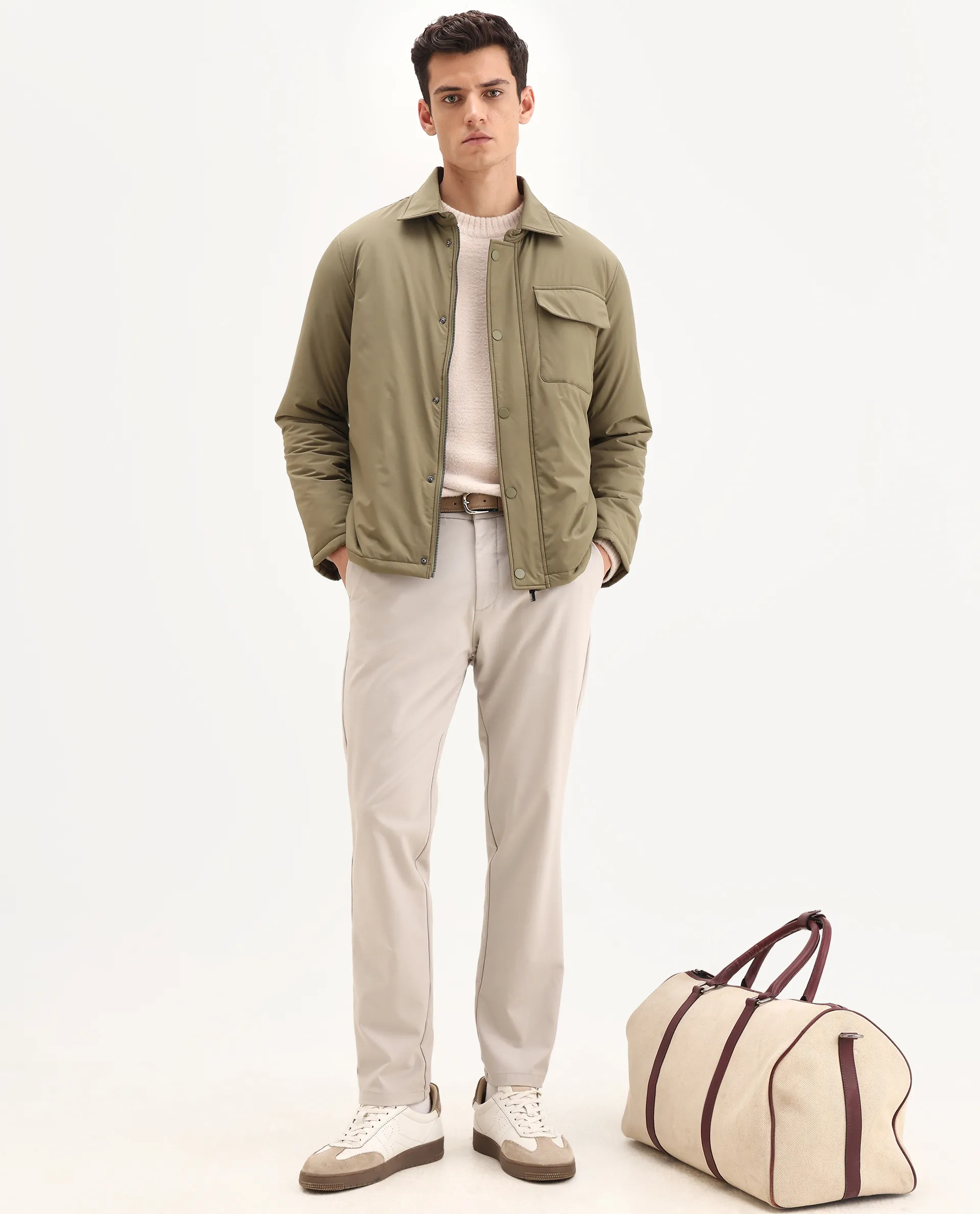 Rare Rabbit Men's Fagu-25 Olive Polyester Blend Fabric Collared Neck Relaxed Fit Plain Jacket - Image 2