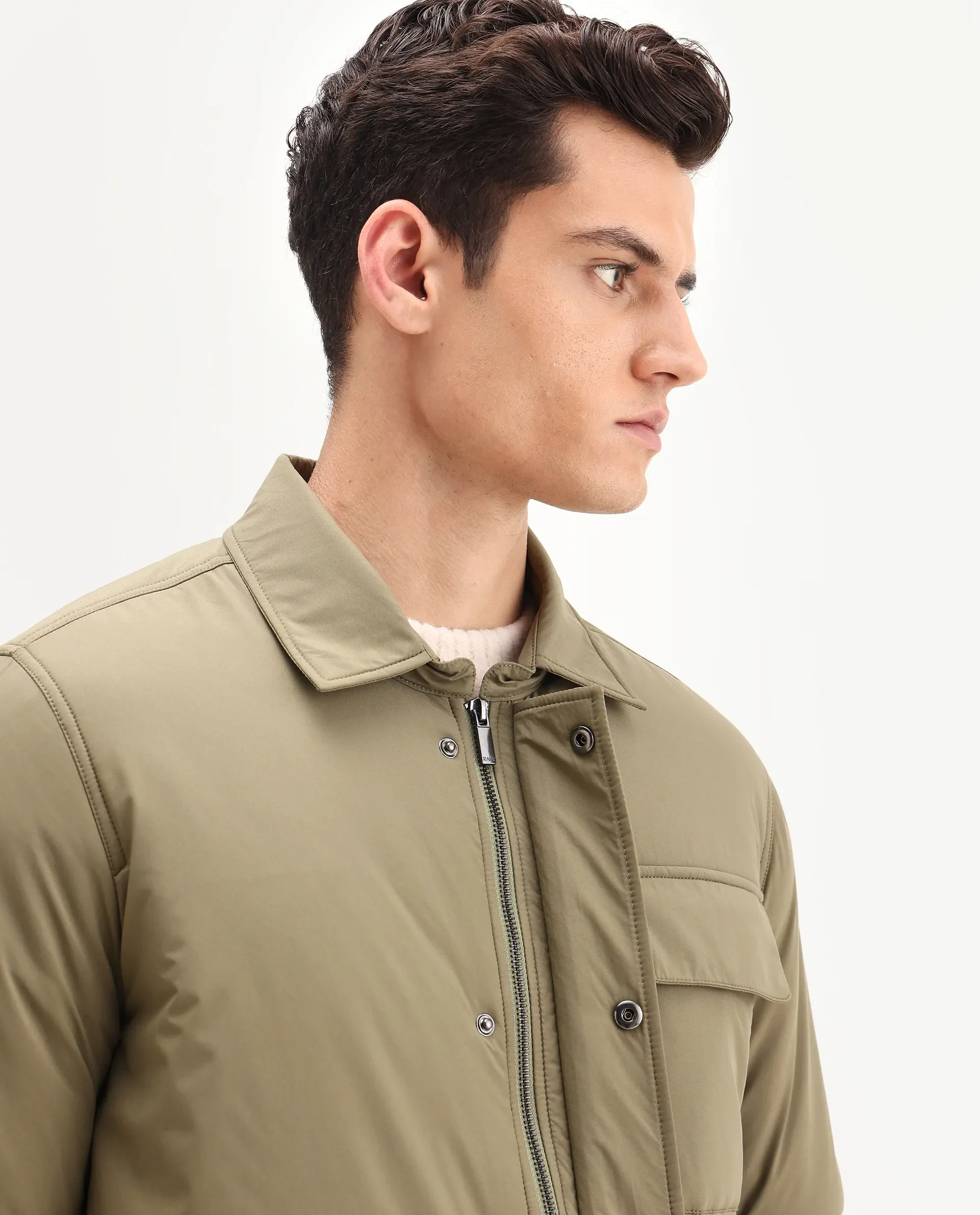 Rare Rabbit Men's Fagu-25 Olive Polyester Blend Fabric Collared Neck Relaxed Fit Plain Jacket - Image 3