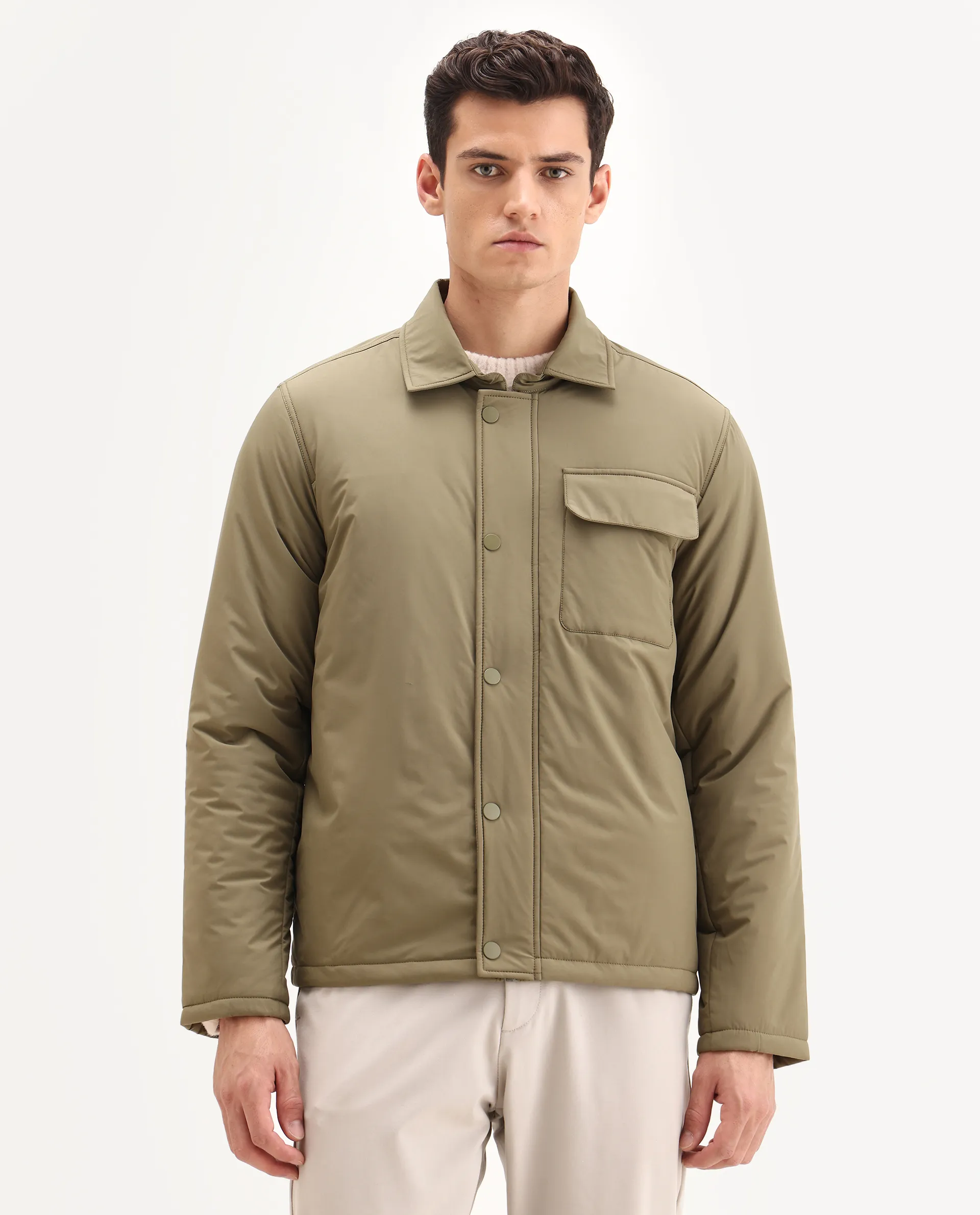 Rare Rabbit Men's Fagu-25 Olive Polyester Blend Fabric Collared Neck Relaxed Fit Plain Jacket - Image 4