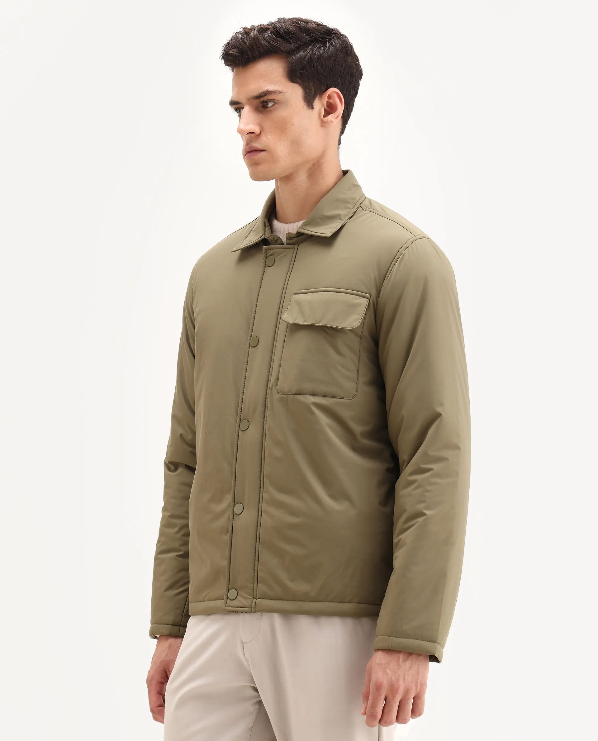 Rare Rabbit Men's Fagu-25 Olive Polyester Blend Fabric Collared Neck Relaxed Fit Plain Jacket - Image 5