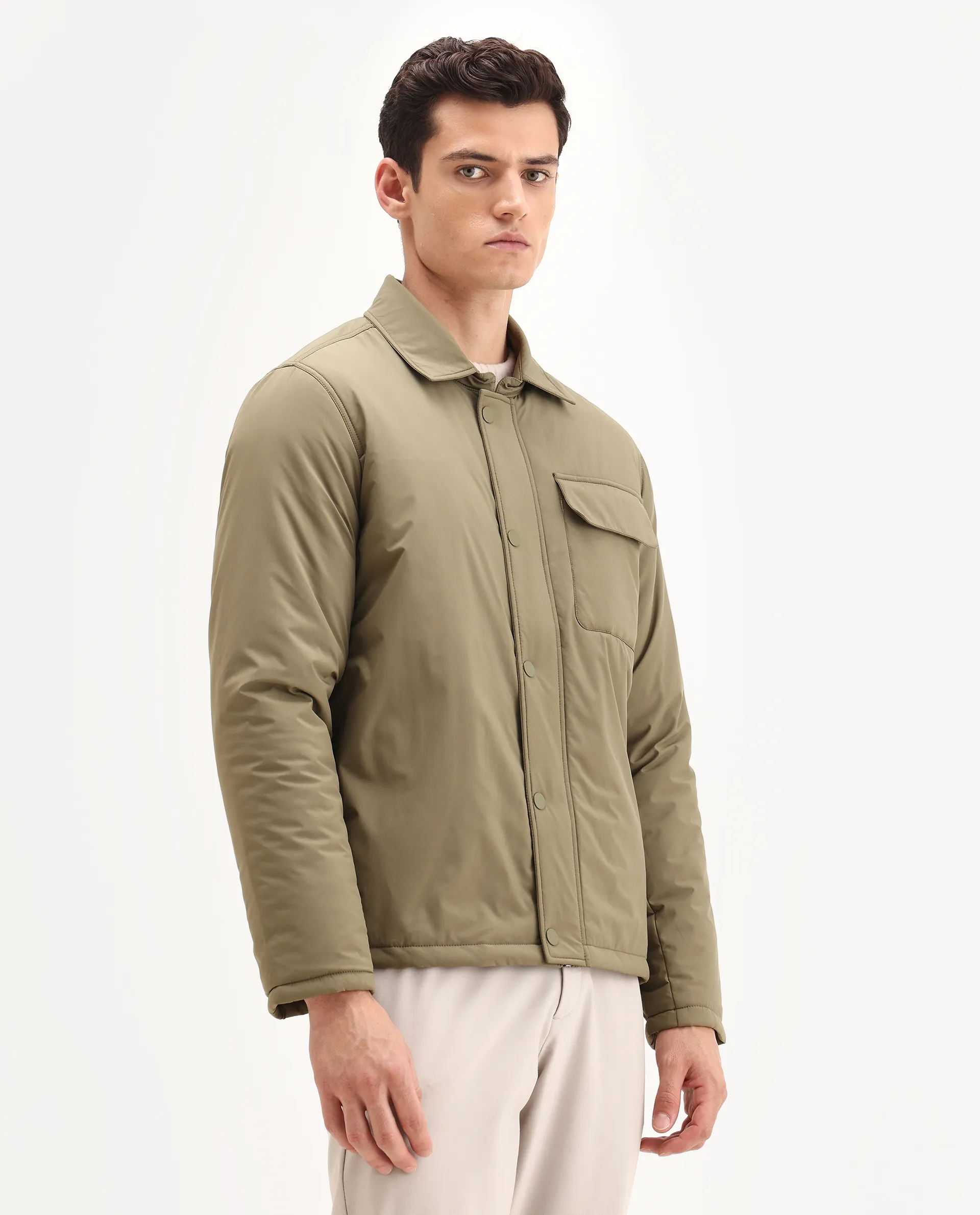 Rare Rabbit Men's Fagu-25 Olive Polyester Blend Fabric Collared Neck Relaxed Fit Plain Jacket - Image 6
