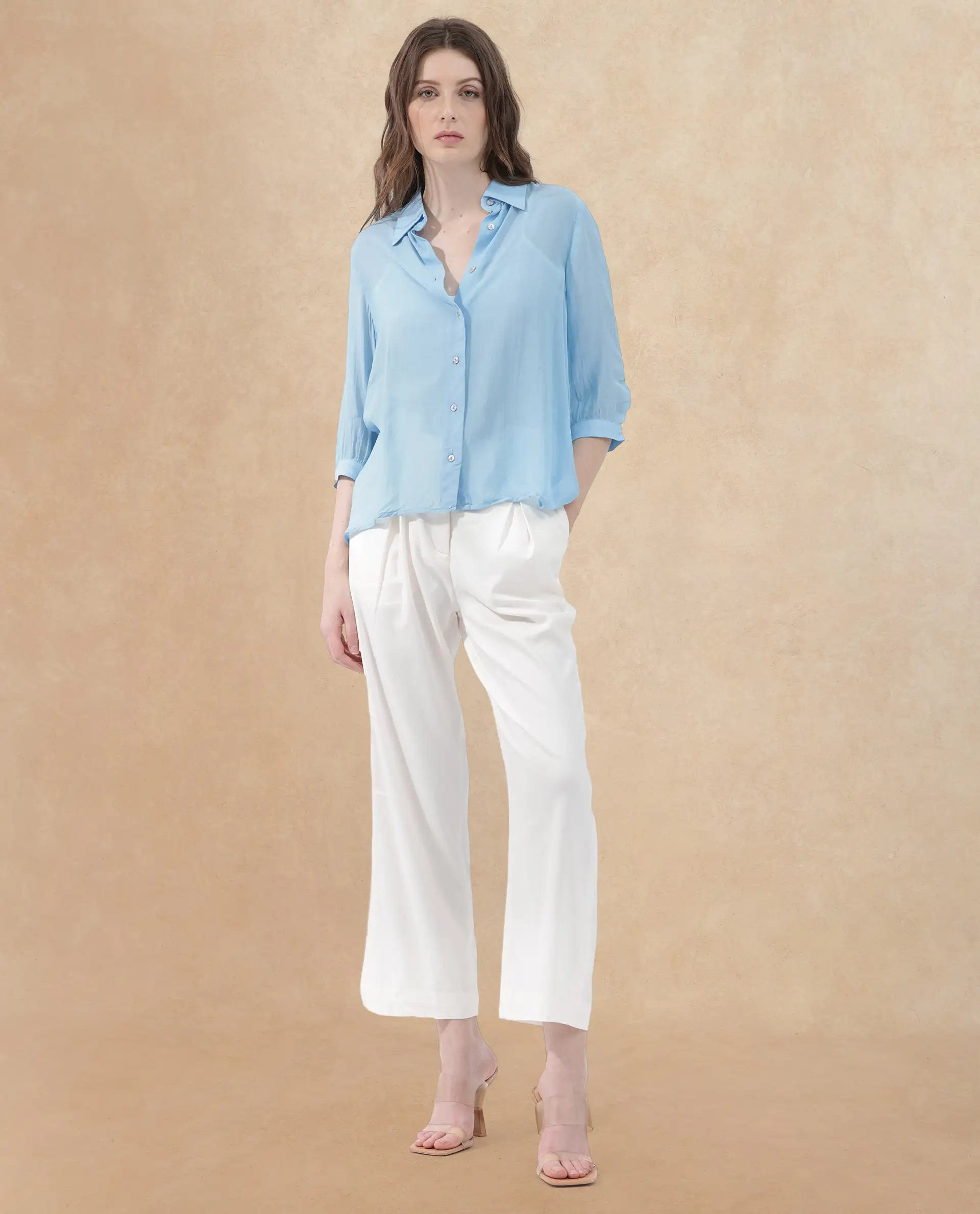 Rareism Women's Faina Light Blue Viscose Drop Collar Plain Cuffed Sleeve Regular Fit Top - Image 2