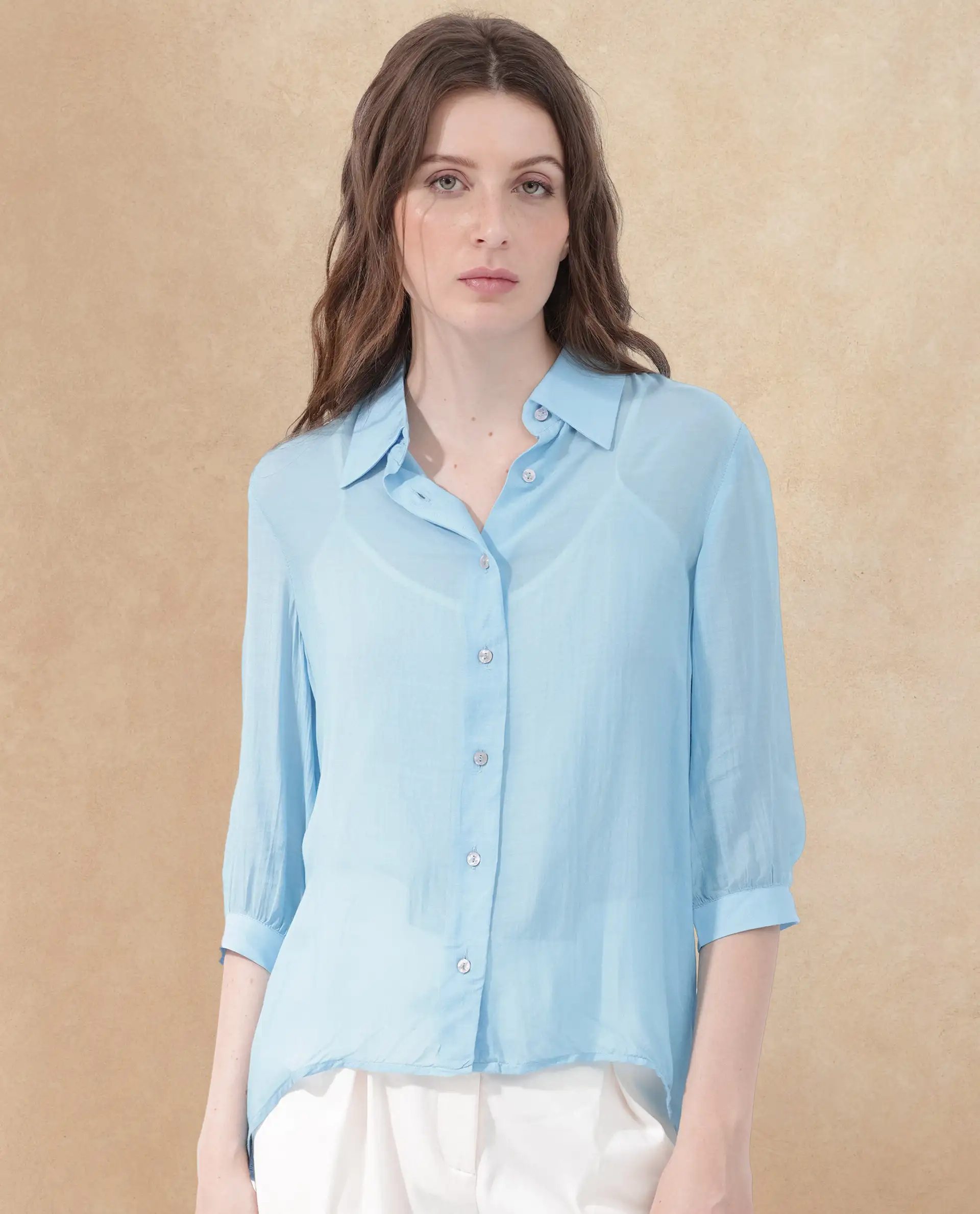 Rareism Women's Faina Light Blue Viscose Drop Collar Plain Cuffed Sleeve Regular Fit Top - Image 3