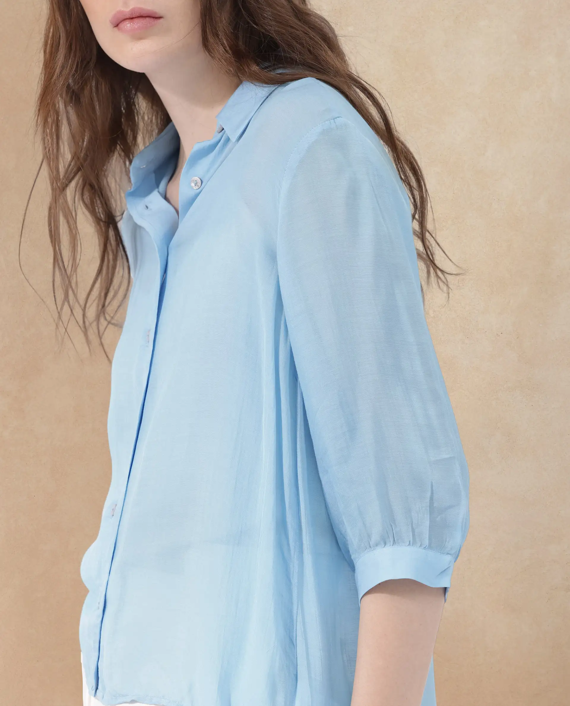 Rareism Women's Faina Light Blue Viscose Drop Collar Plain Cuffed Sleeve Regular Fit Top - Image 4