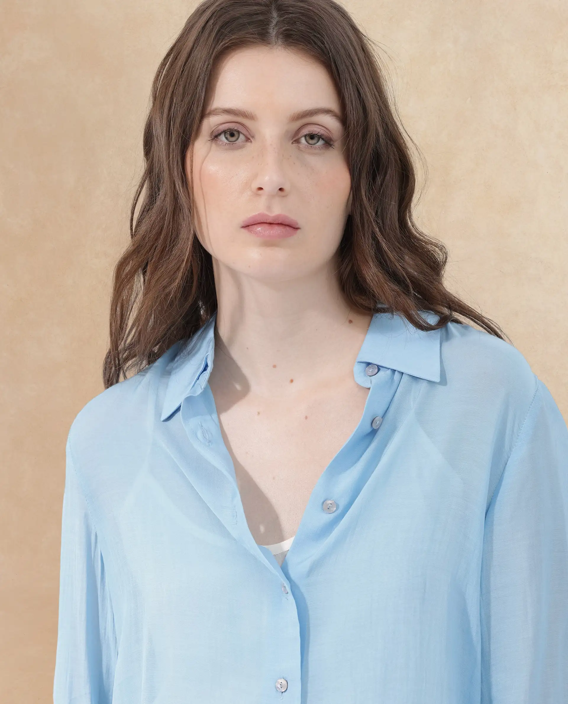 Rareism Women's Faina Light Blue Viscose Drop Collar Plain Cuffed Sleeve Regular Fit Top - Image 5
