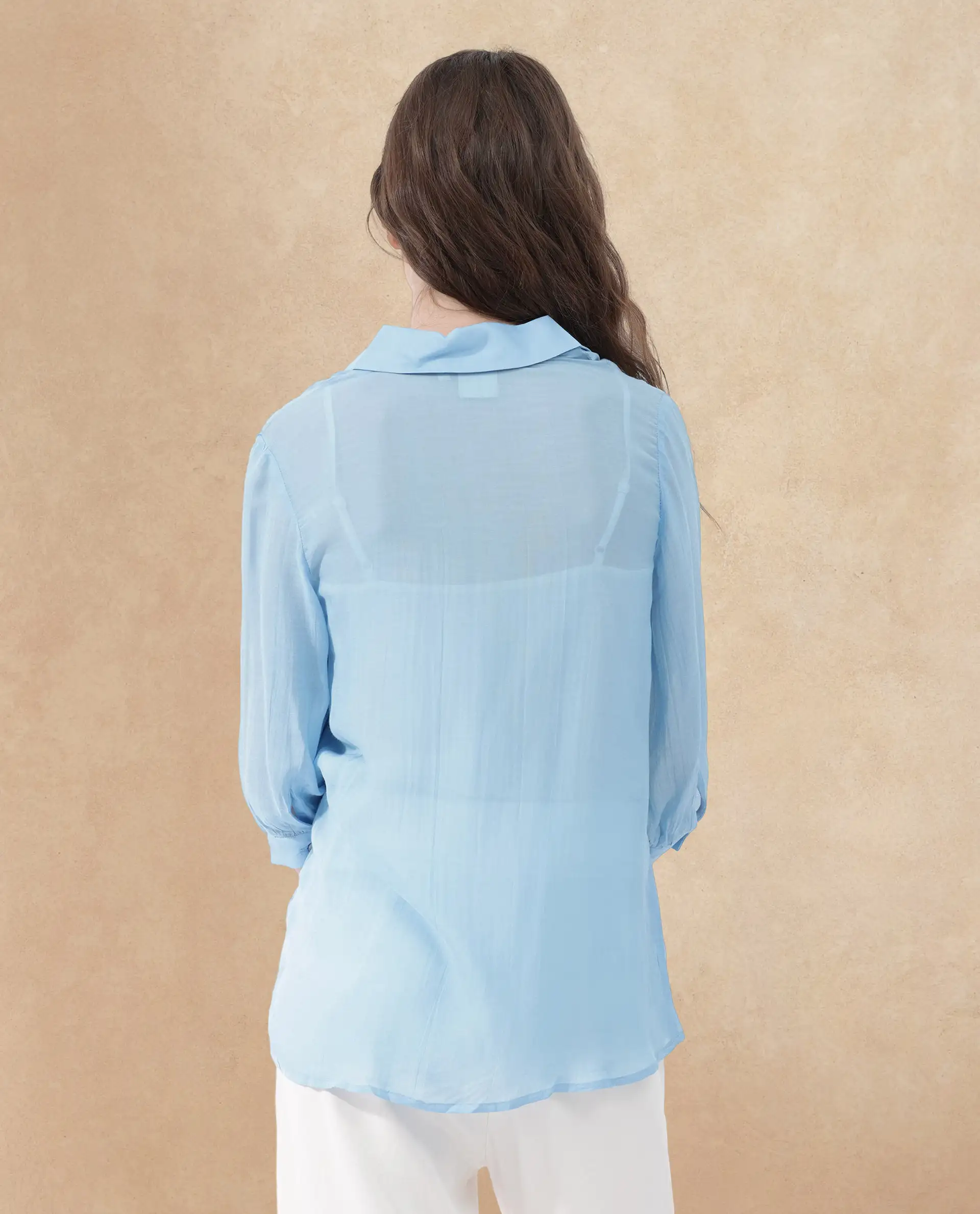 Rareism Women's Faina Light Blue Viscose Drop Collar Plain Cuffed Sleeve Regular Fit Top - Image 8