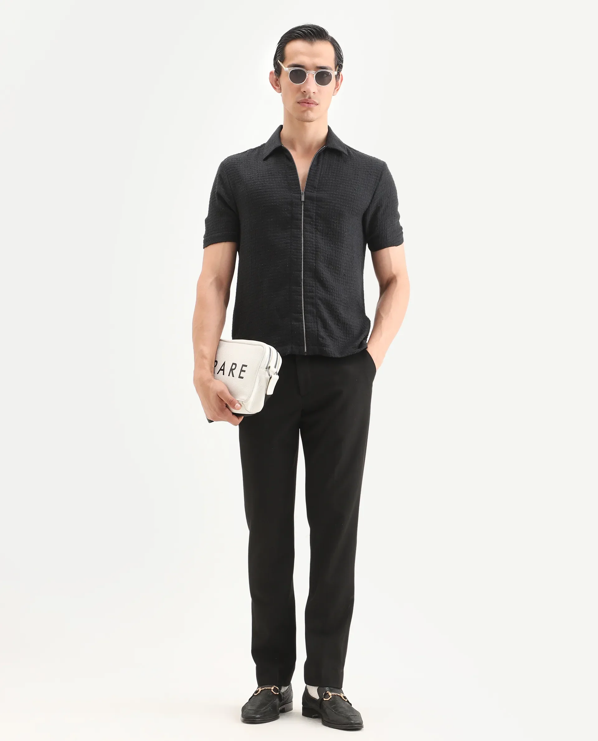 Rare Rabbit Men's Fale Black Polyester Fabric Half Sleeve Spread Collar Regular Fit Textured Shirt - Image 2