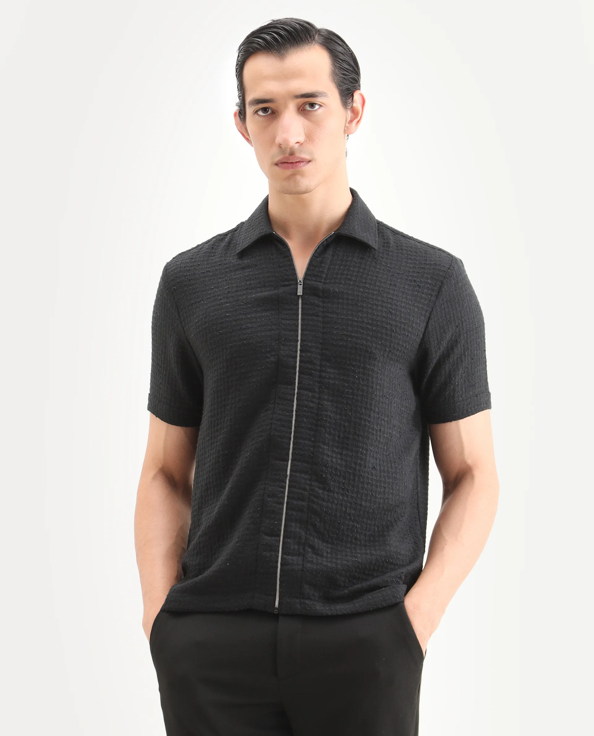 Rare Rabbit Men's Fale Black Polyester Fabric Half Sleeve Spread Collar Regular Fit Textured Shirt - Image 3