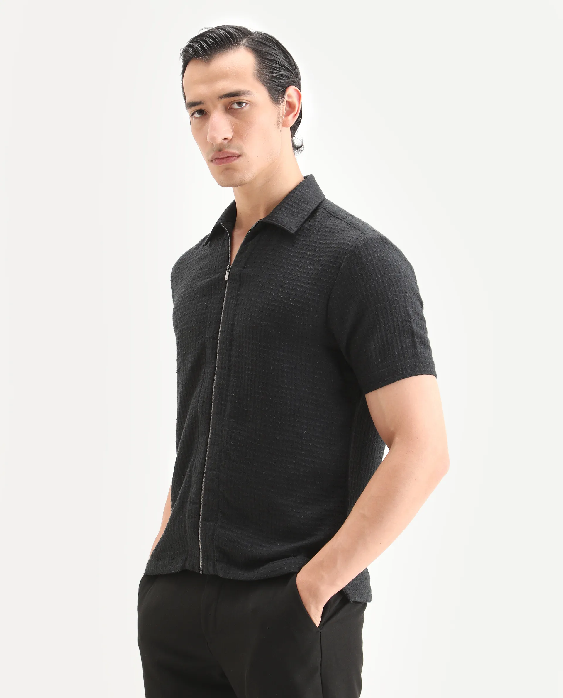 Rare Rabbit Men's Fale Black Polyester Fabric Half Sleeve Spread Collar Regular Fit Textured Shirt - Image 4
