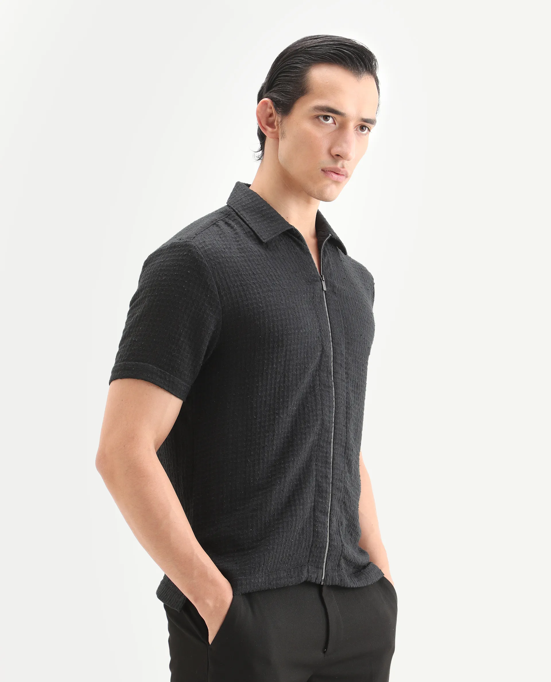 Rare Rabbit Men's Fale Black Polyester Fabric Half Sleeve Spread Collar Regular Fit Textured Shirt - Image 5