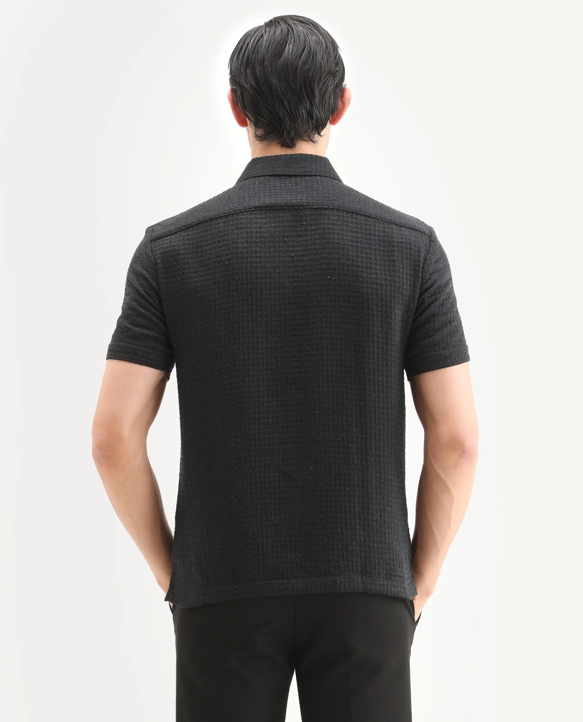 Rare Rabbit Men's Fale Black Polyester Fabric Half Sleeve Spread Collar Regular Fit Textured Shirt - Image 6