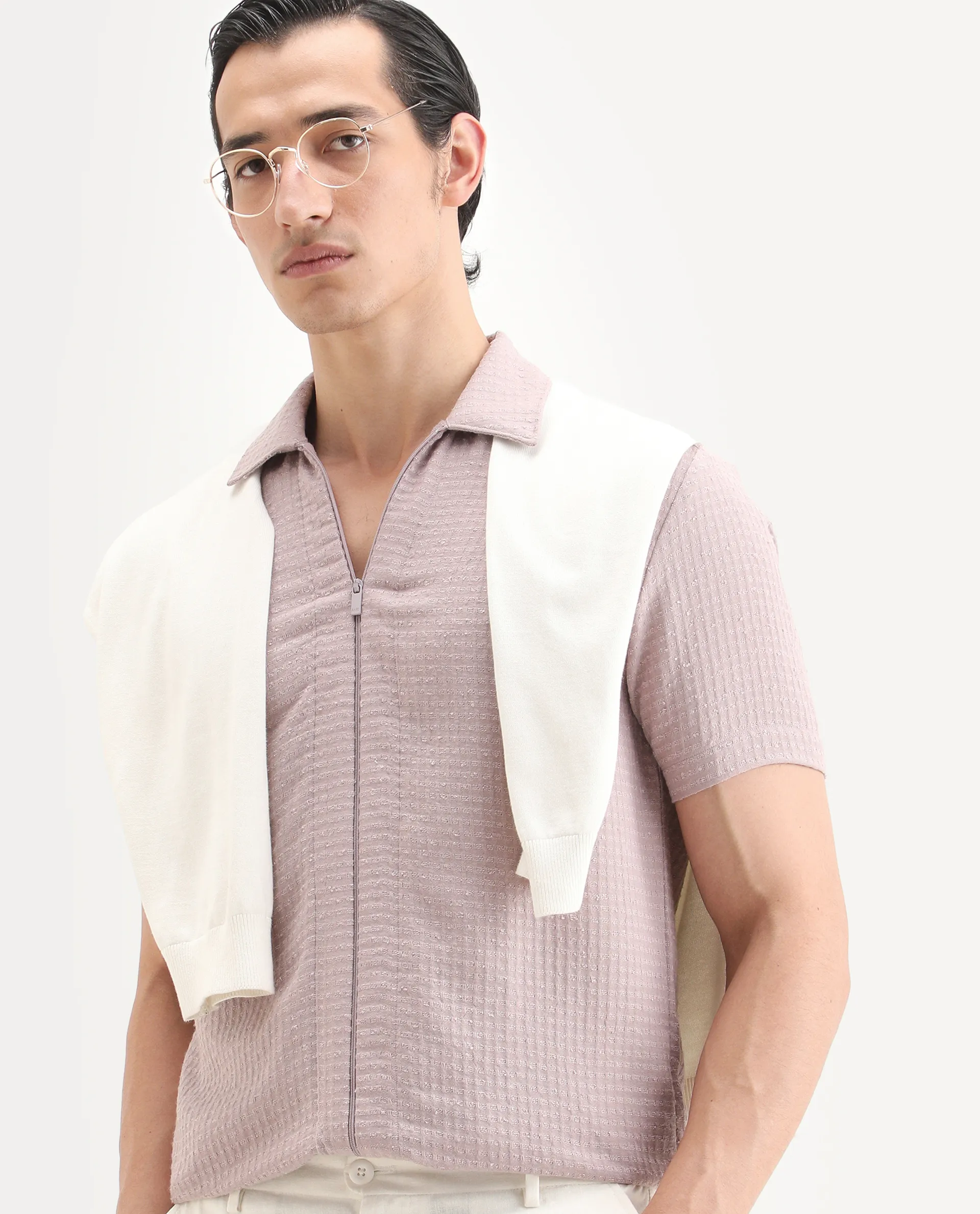 Rare Rabbit Men's Fale Dusky Pink Polyester Fabric Half Sleeve Spread Collar Regular Fit Textured Shirt