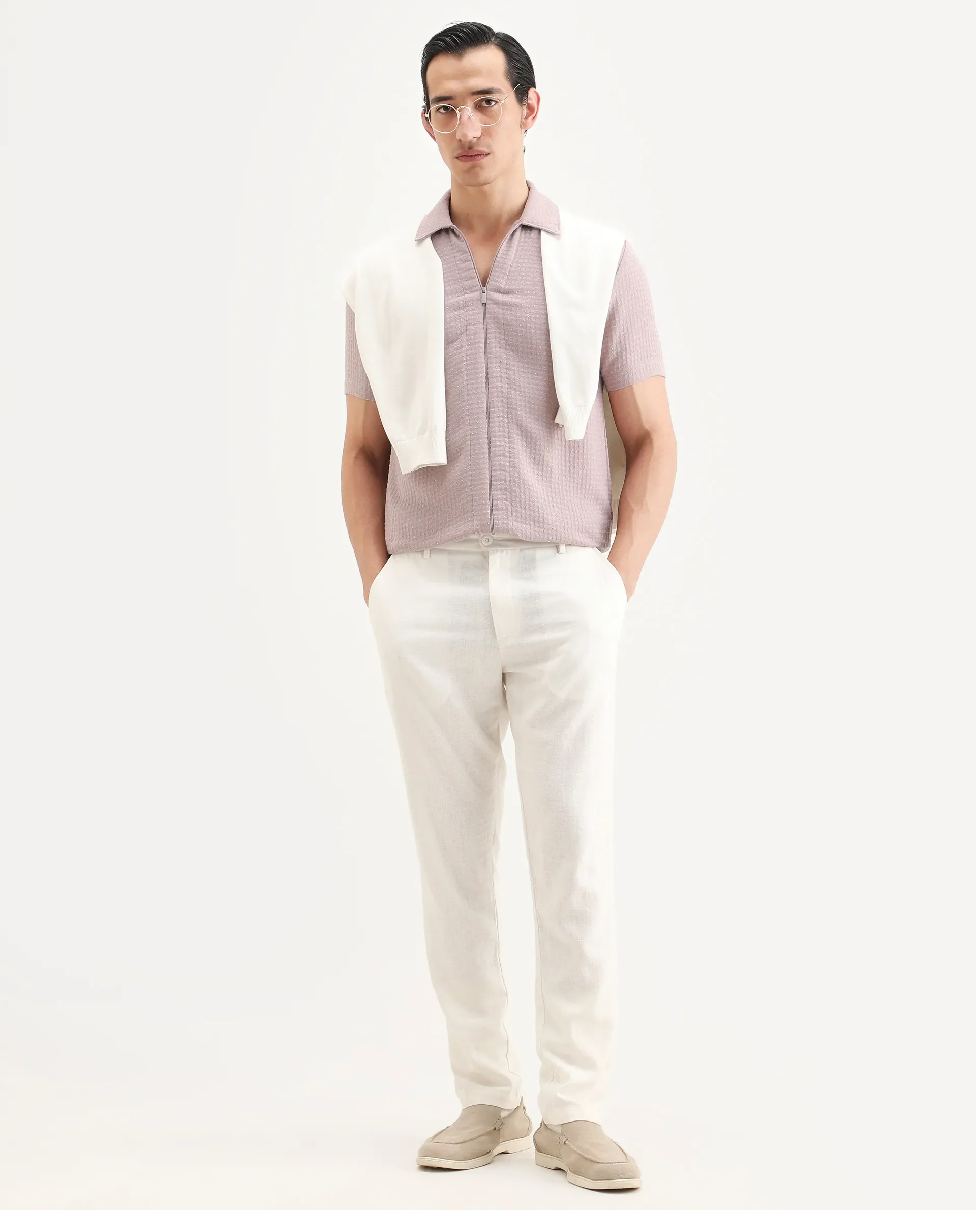 Rare Rabbit Men's Fale Dusky Pink Polyester Fabric Half Sleeve Spread Collar Regular Fit Textured Shirt - Image 2