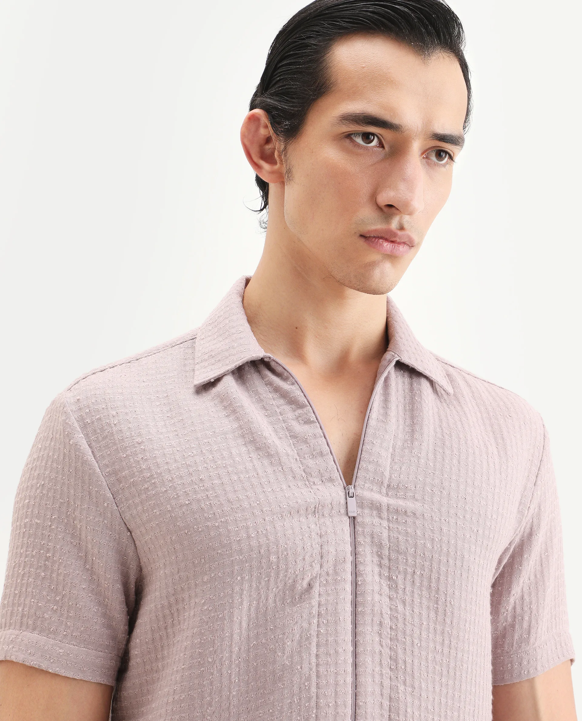 Rare Rabbit Men's Fale Dusky Pink Polyester Fabric Half Sleeve Spread Collar Regular Fit Textured Shirt - Image 3
