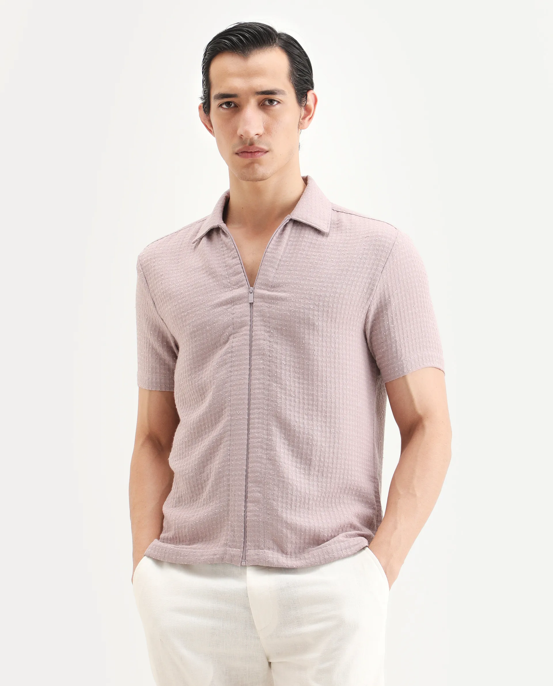 Rare Rabbit Men's Fale Dusky Pink Polyester Fabric Half Sleeve Spread Collar Regular Fit Textured Shirt - Image 4