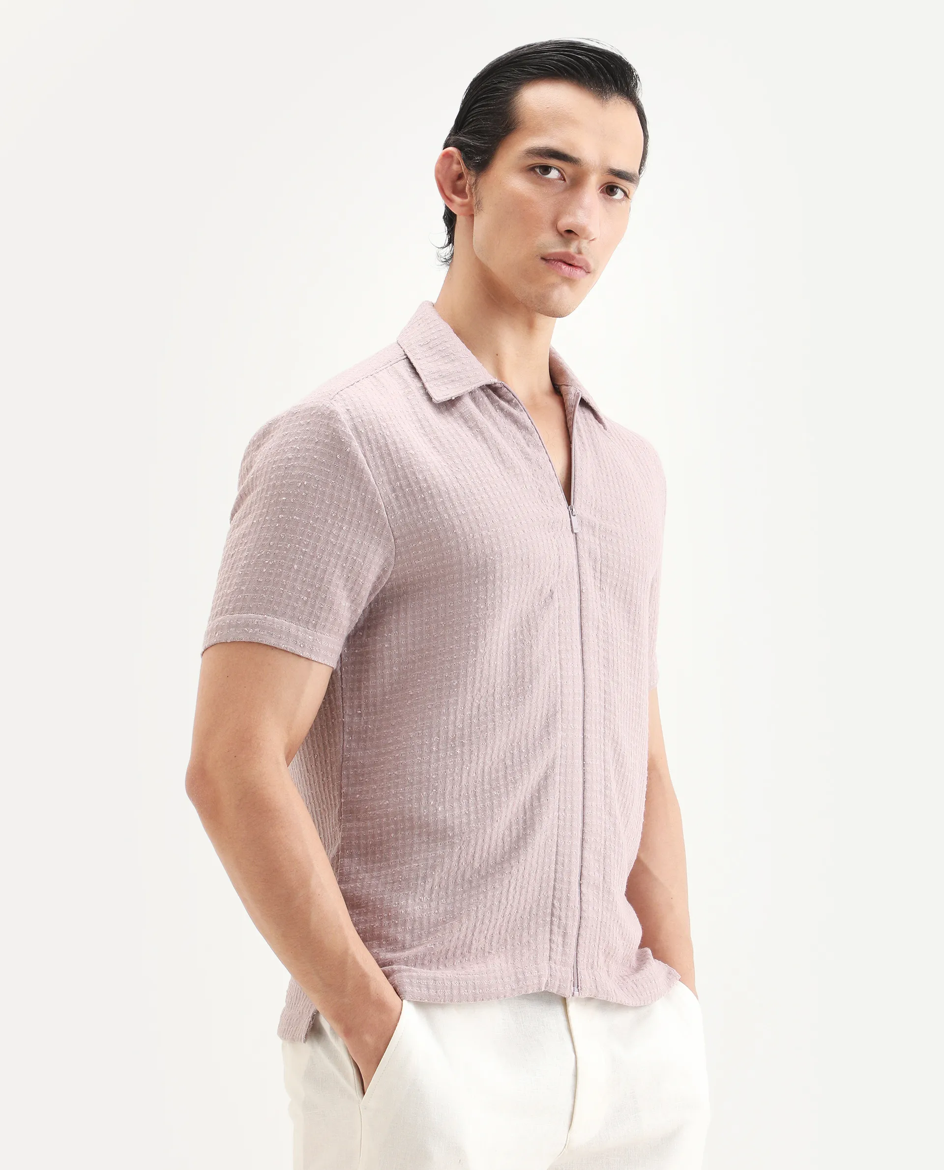 Rare Rabbit Men's Fale Dusky Pink Polyester Fabric Half Sleeve Spread Collar Regular Fit Textured Shirt - Image 6