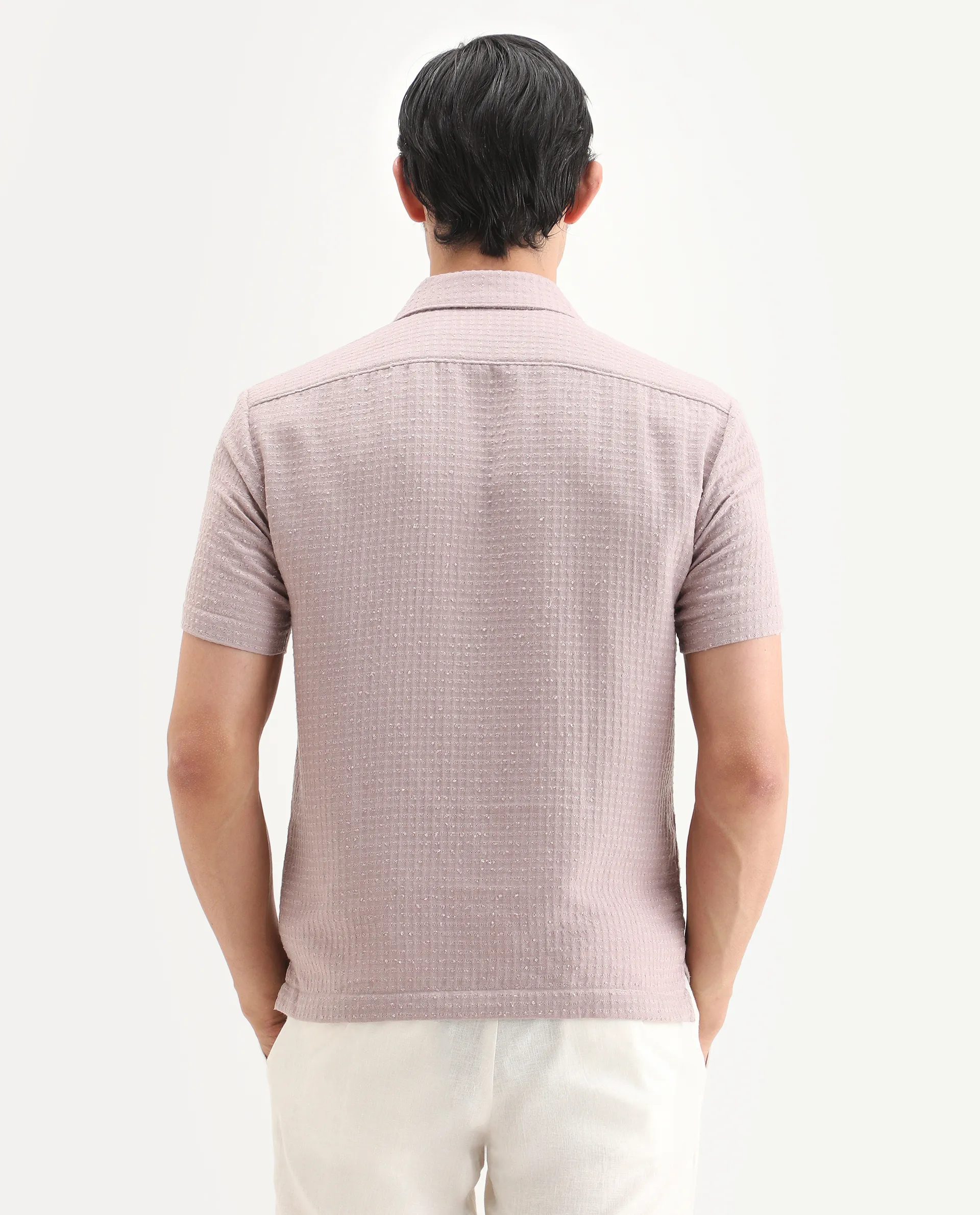 Rare Rabbit Men's Fale Dusky Pink Polyester Fabric Half Sleeve Spread Collar Regular Fit Textured Shirt - Image 7
