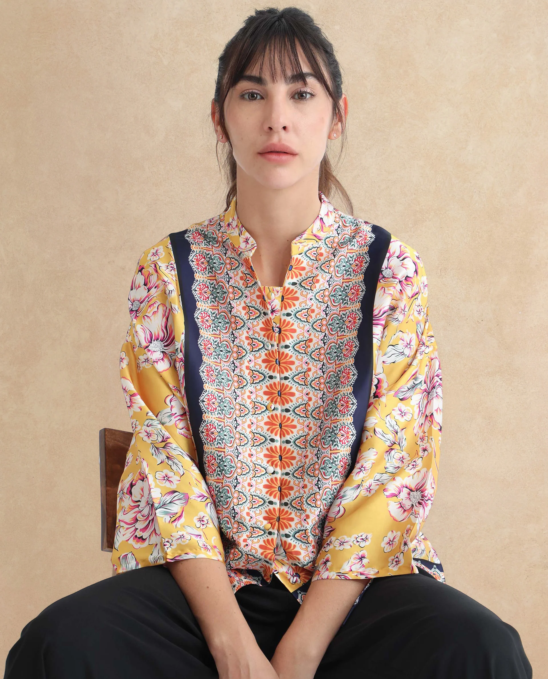 Rareism Women's Falke Yellow Polyester Mandarin Collar Floral Print Kimono Sleeve Regular Fit Top