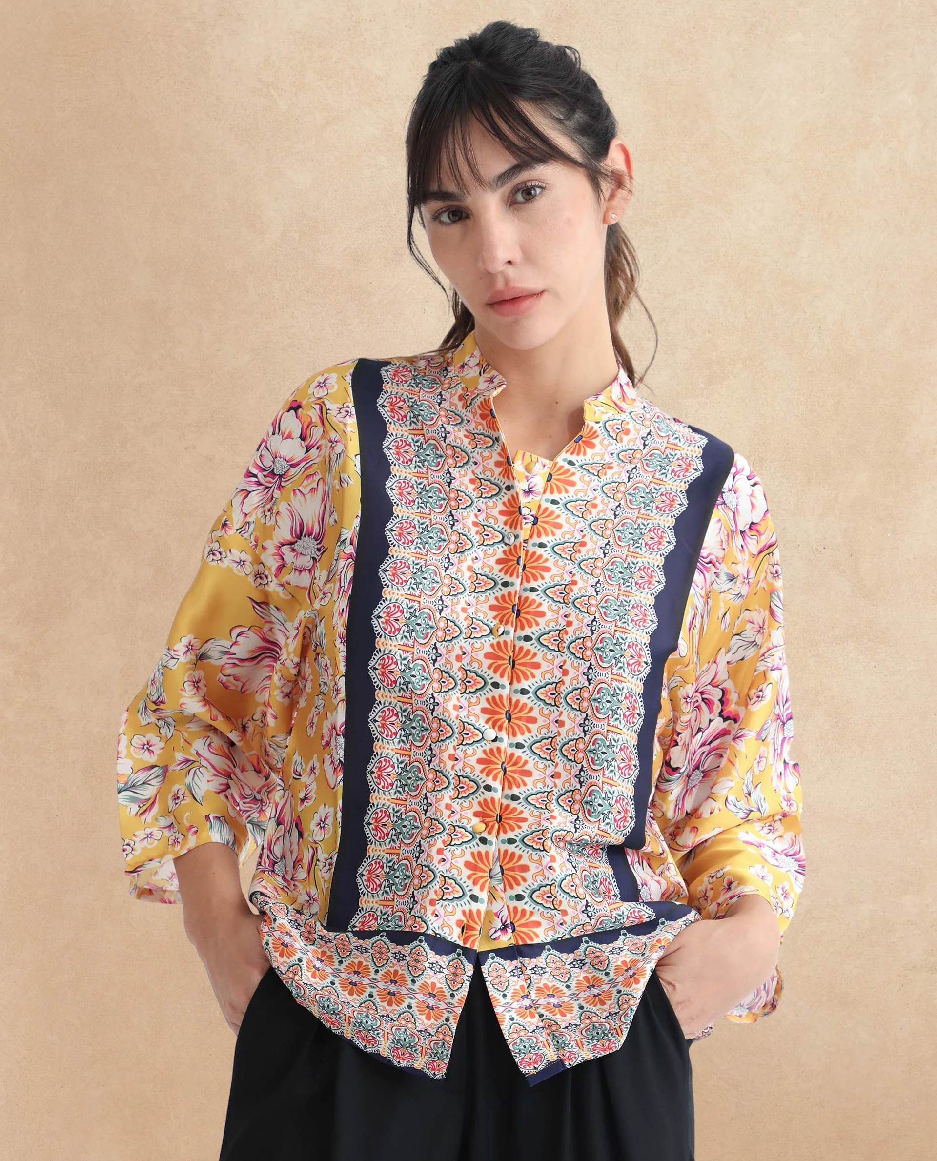 Rareism Women's Falke Yellow Polyester Mandarin Collar Floral Print Kimono Sleeve Regular Fit Top - Image 2