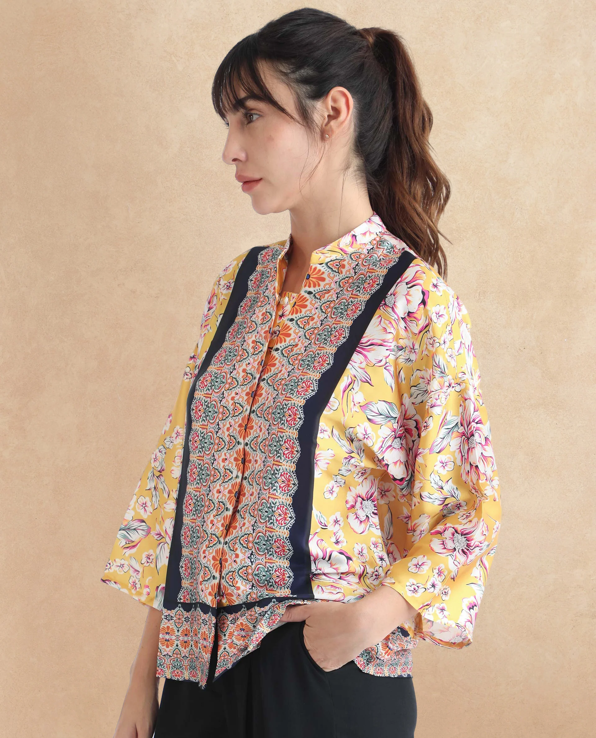 Rareism Women's Falke Yellow Polyester Mandarin Collar Floral Print Kimono Sleeve Regular Fit Top - Image 3