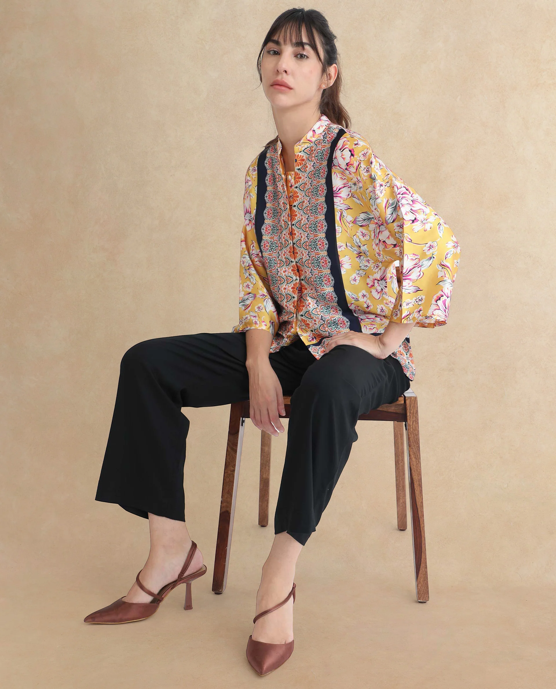 Rareism Women's Falke Yellow Polyester Mandarin Collar Floral Print Kimono Sleeve Regular Fit Top - Image 4