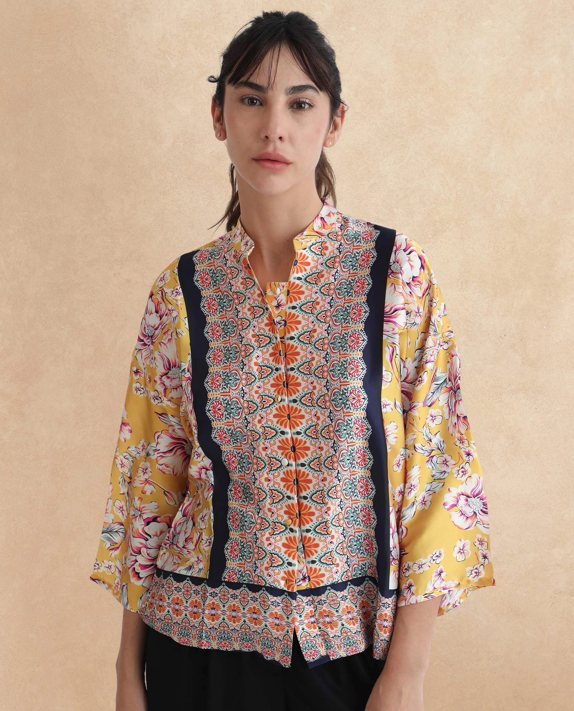 Rareism Women's Falke Yellow Polyester Mandarin Collar Floral Print Kimono Sleeve Regular Fit Top - Image 5