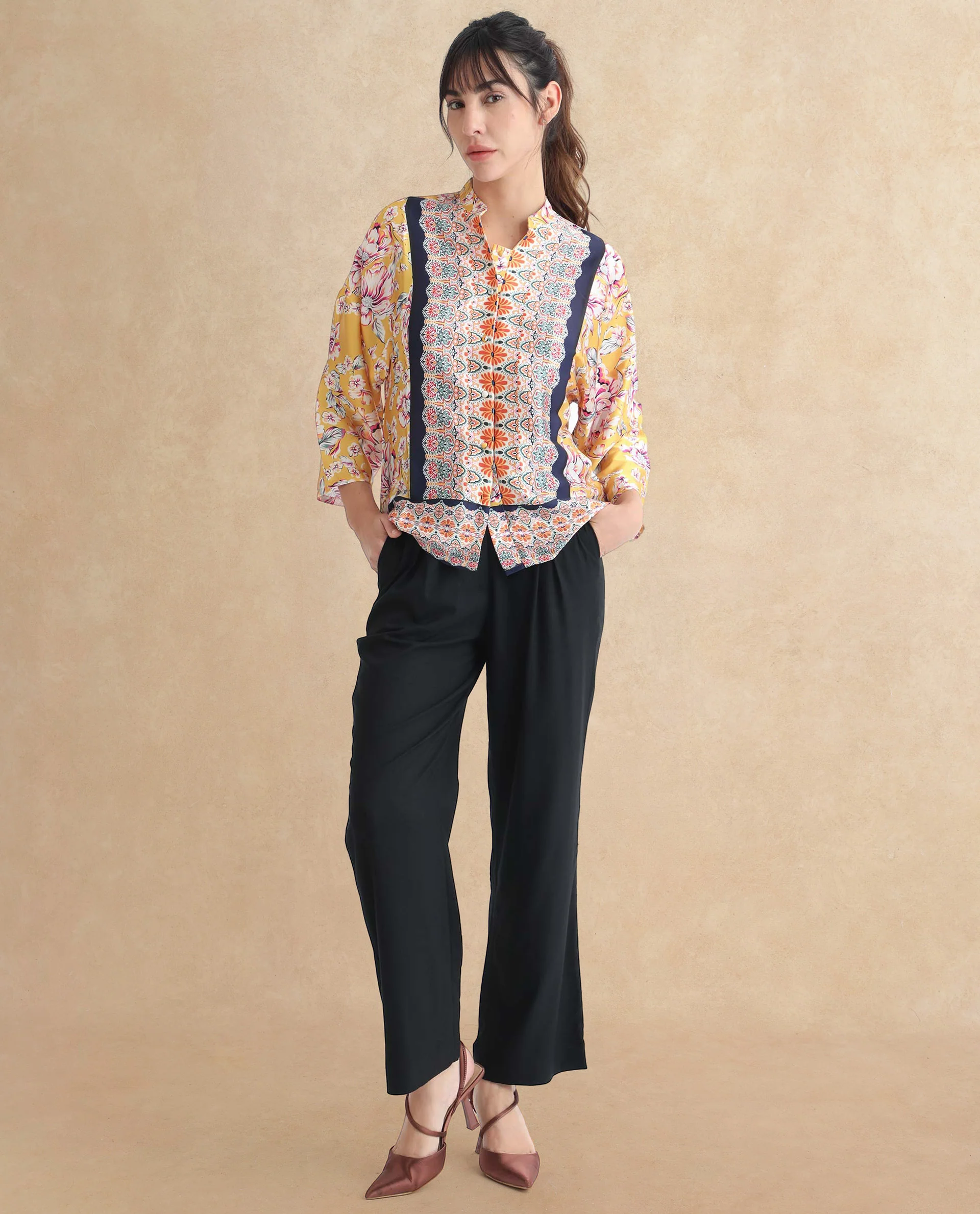 Rareism Women's Falke Yellow Polyester Mandarin Collar Floral Print Kimono Sleeve Regular Fit Top - Image 6