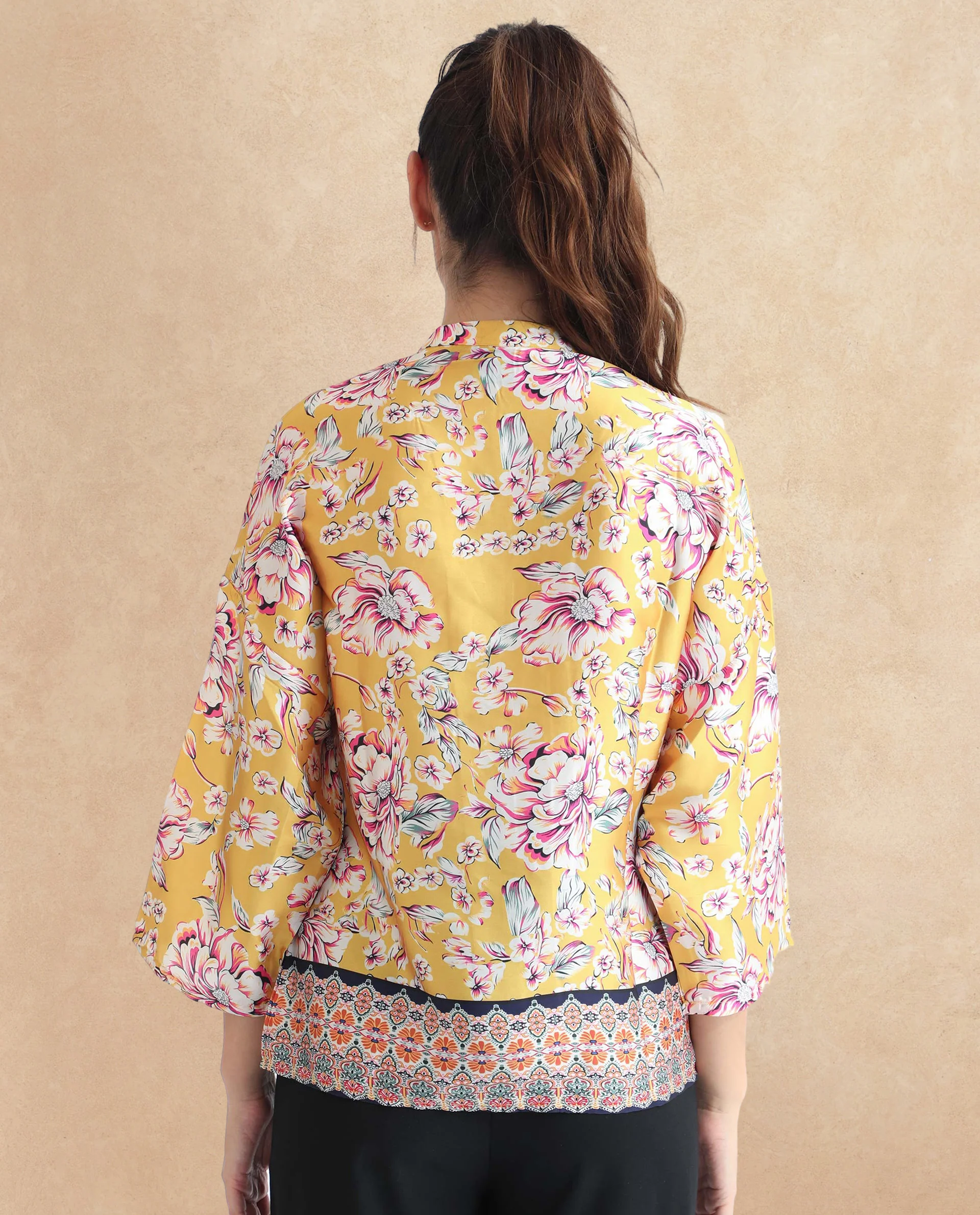 Rareism Women's Falke Yellow Polyester Mandarin Collar Floral Print Kimono Sleeve Regular Fit Top - Image 7