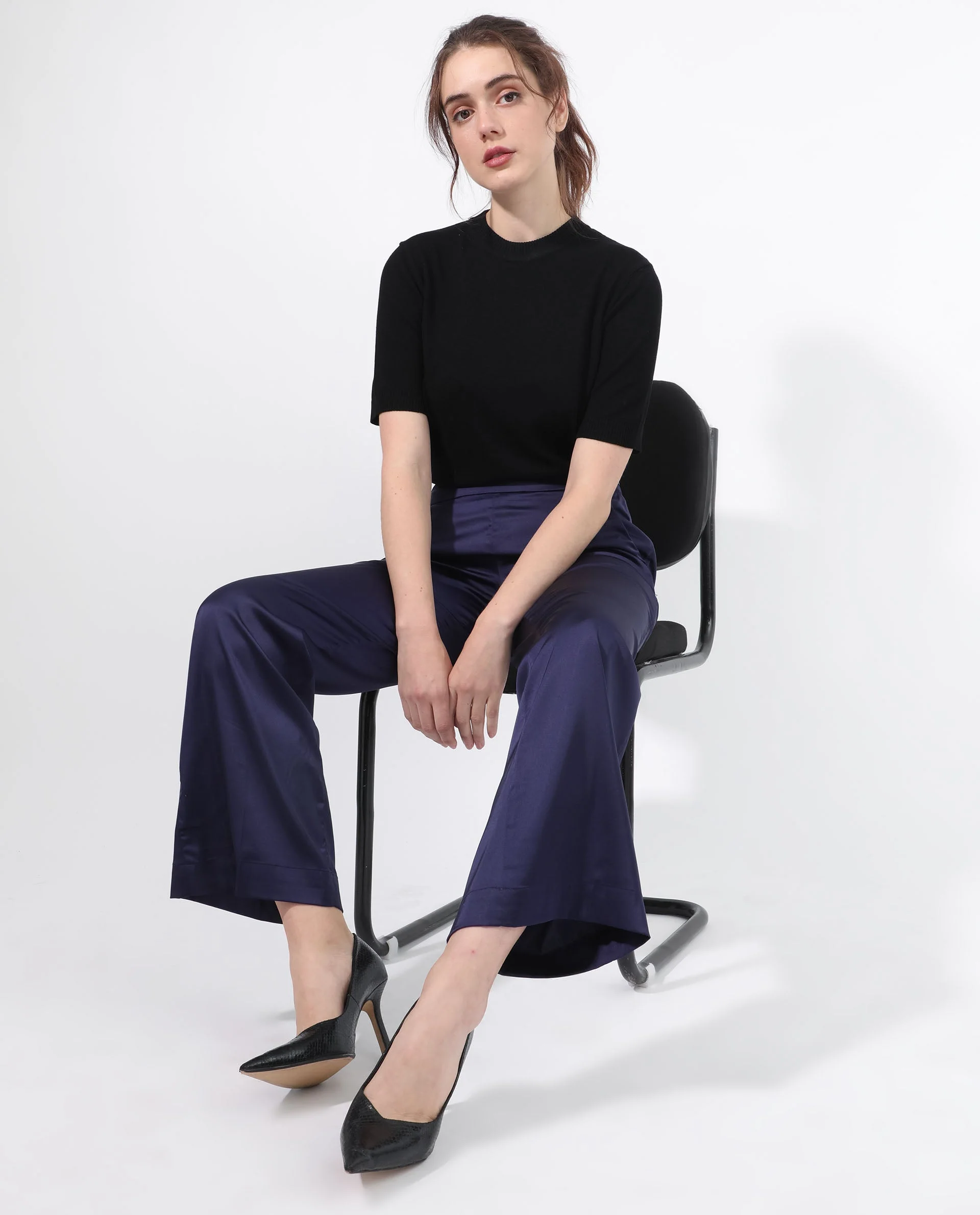 Rareism Women's Falket Dark Blue Polyester Plain Ankle Length Relaxed Fit Trouser - Image 4