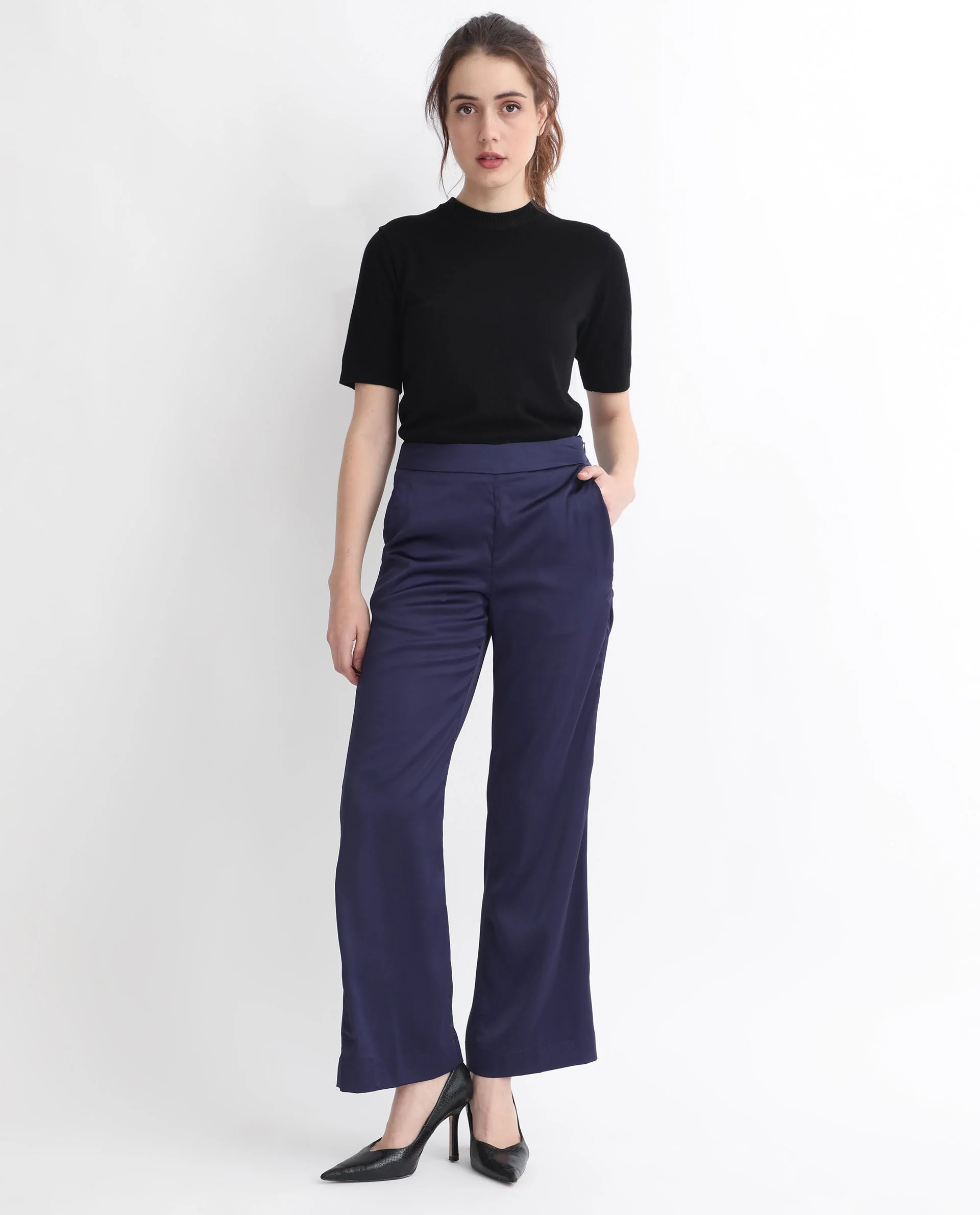 Rareism Women's Falket Dark Blue Polyester Plain Ankle Length Relaxed Fit Trouser - Image 5
