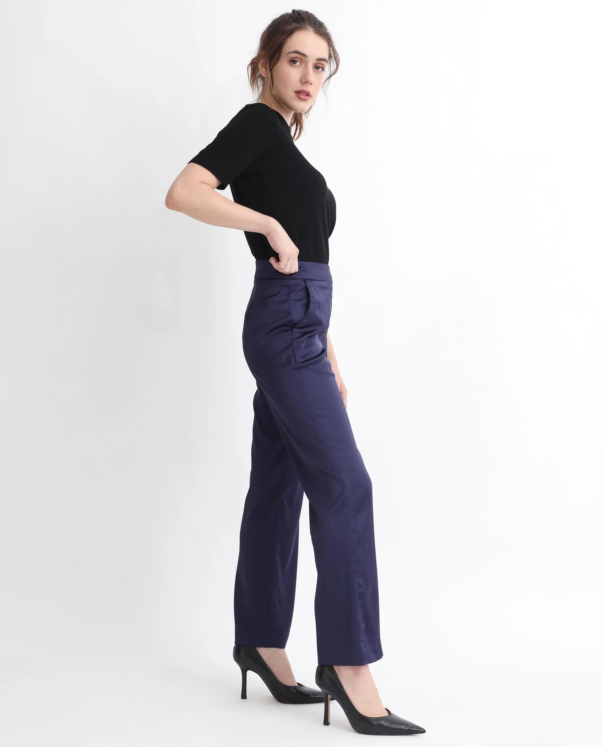 Rareism Women's Falket Dark Blue Polyester Plain Ankle Length Relaxed Fit Trouser - Image 8
