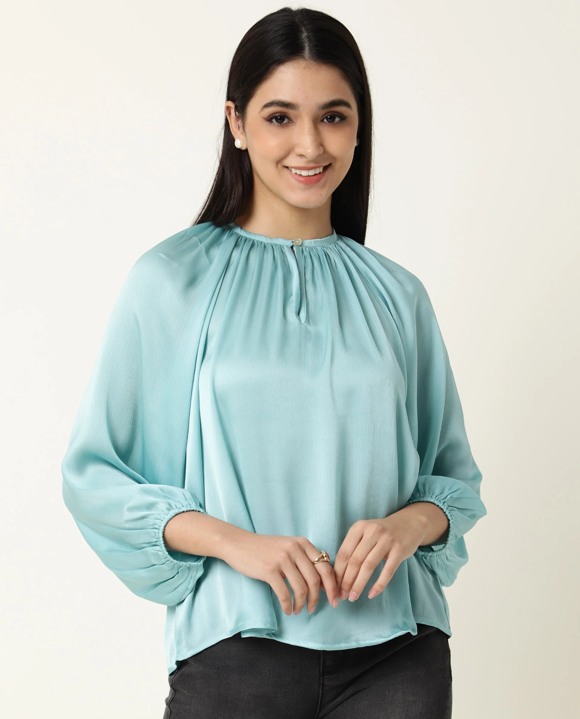 Rareism Women's Fall Blue Key Hole Neck Plain Knee Length Regular Fit Top - Image 2