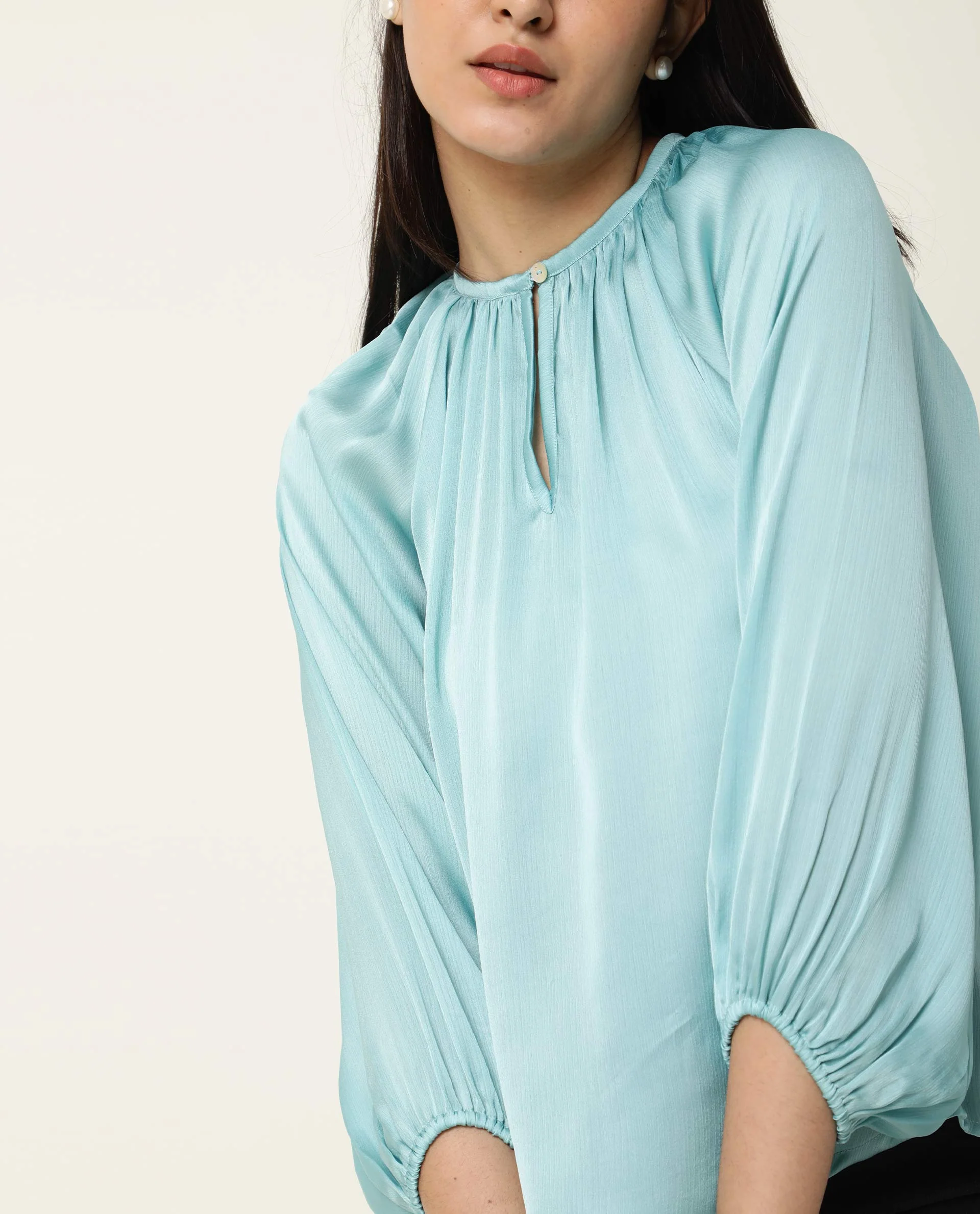 Rareism Women's Fall Blue Key Hole Neck Plain Knee Length Regular Fit Top - Image 3