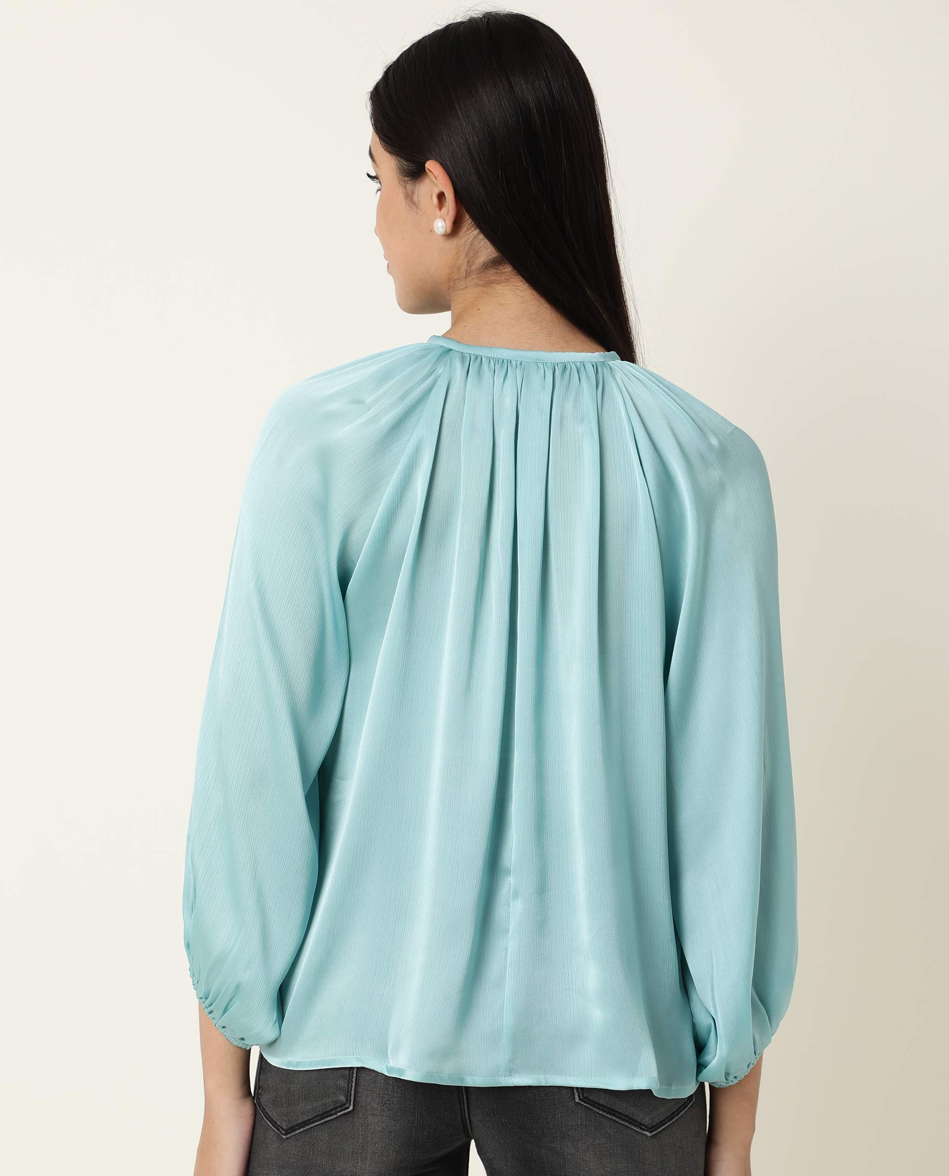 Rareism Women's Fall Blue Key Hole Neck Plain Knee Length Regular Fit Top - Image 4
