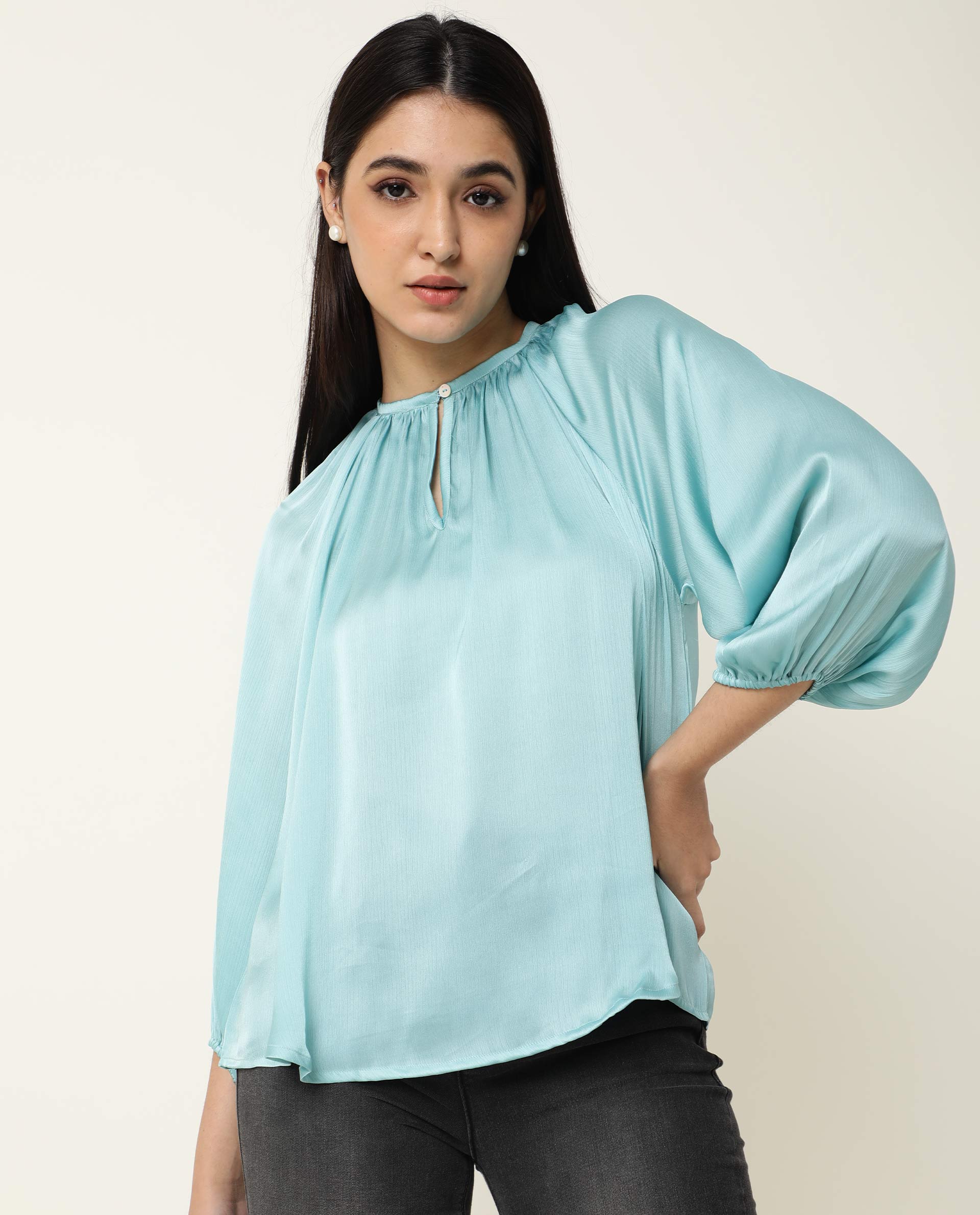 Rareism Women's Fall Blue Key Hole Neck Plain Knee Length Regular Fit Top - Image 5