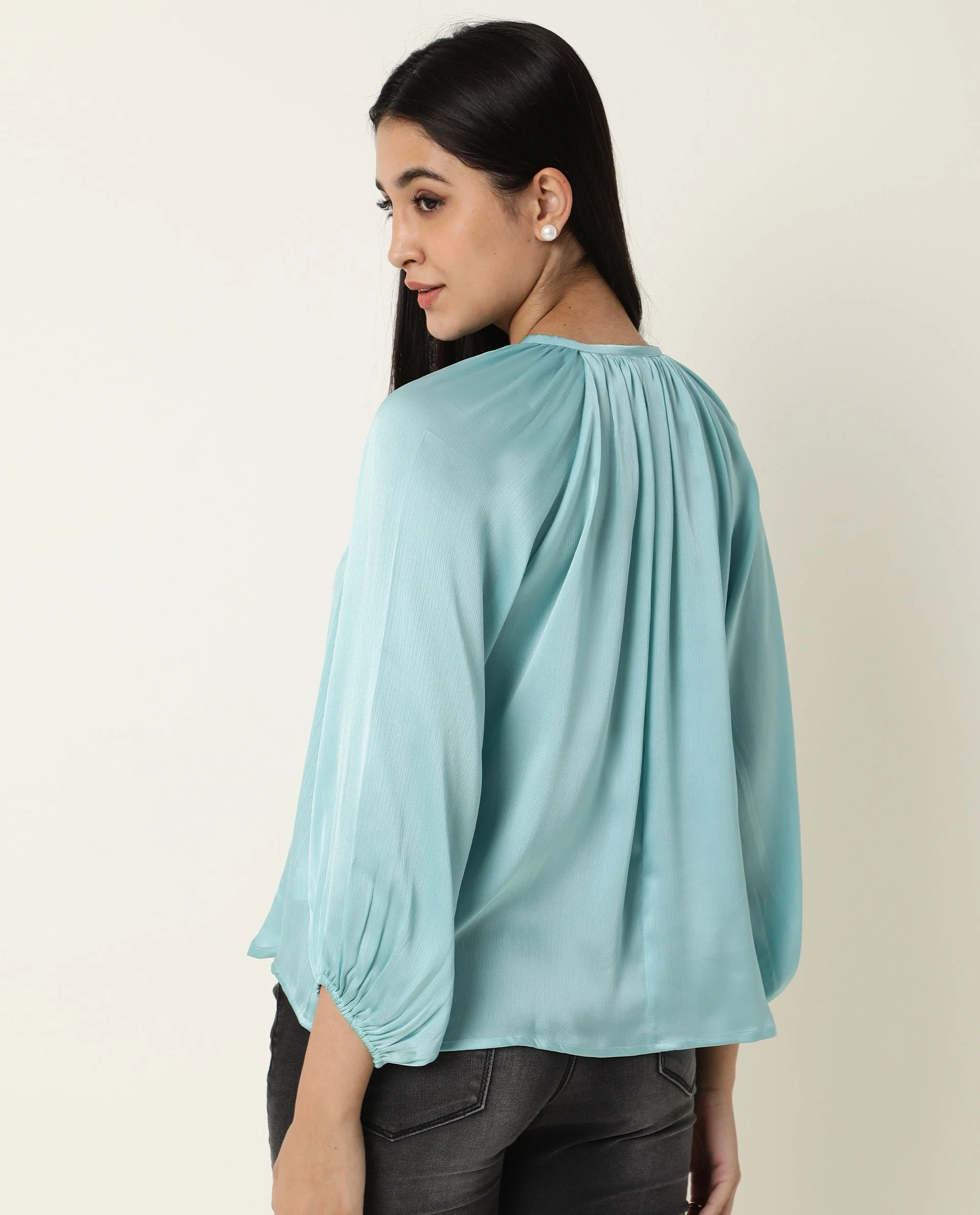 Rareism Women's Fall Blue Key Hole Neck Plain Knee Length Regular Fit Top - Image 6