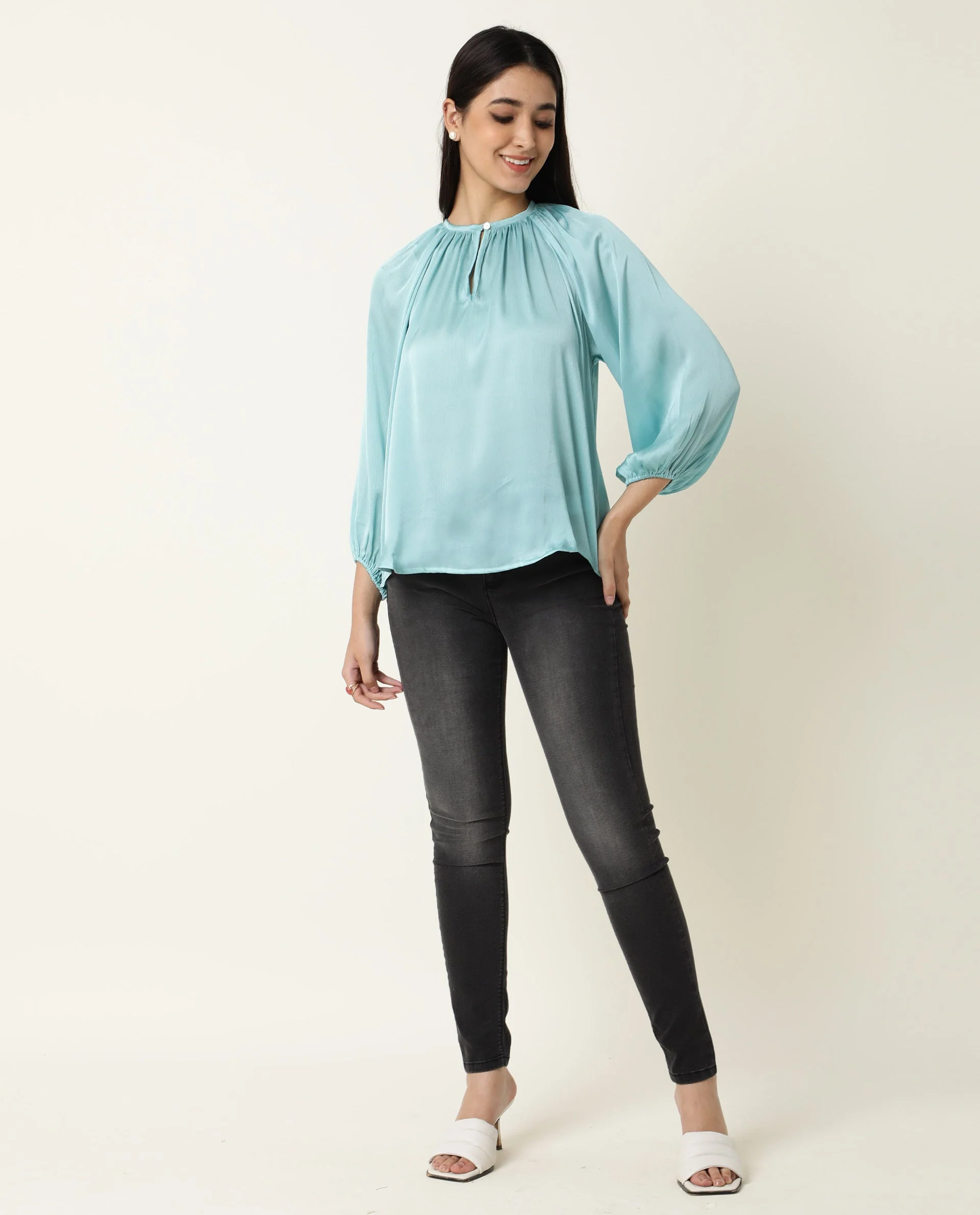 Rareism Women's Fall Blue Key Hole Neck Plain Knee Length Regular Fit Top - Image 7