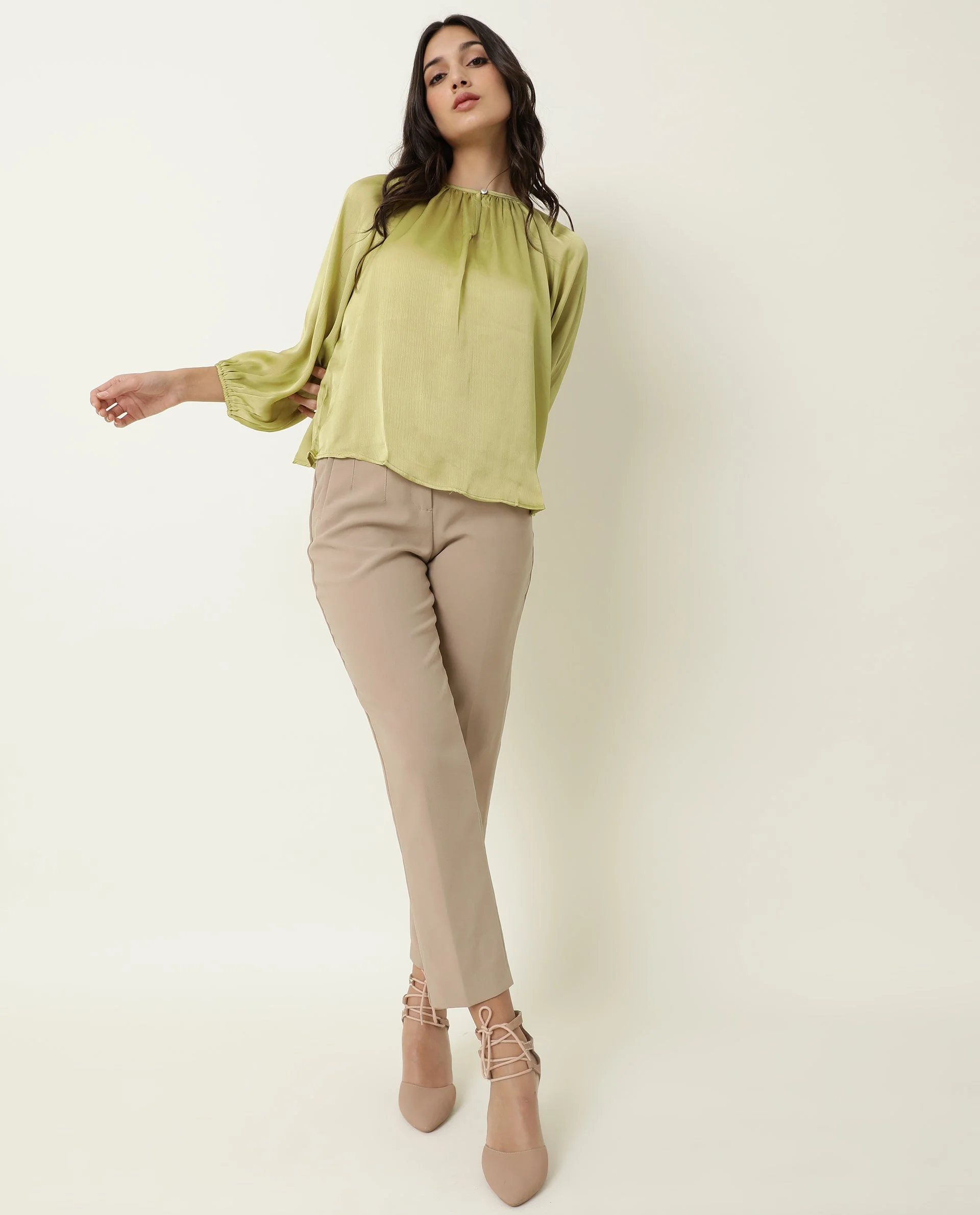 Rareism Womens Fall Green Top Polyester Fabric Full Sleeve Boat Neck - Image 2