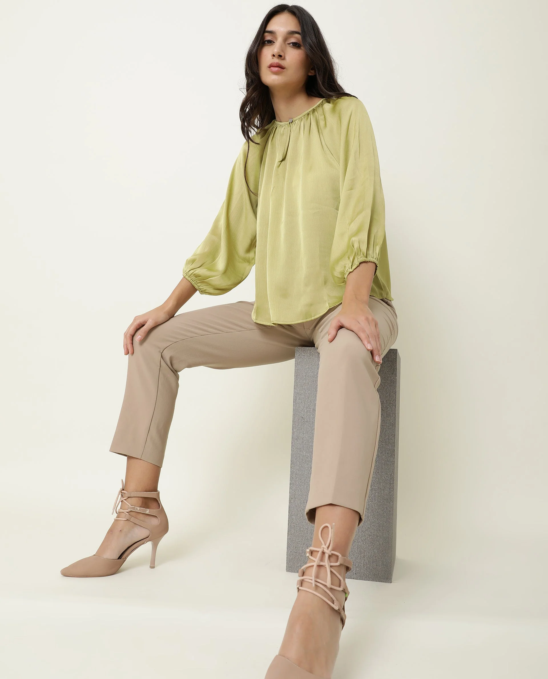 Rareism Womens Fall Green Top Polyester Fabric Full Sleeve Boat Neck - Image 7