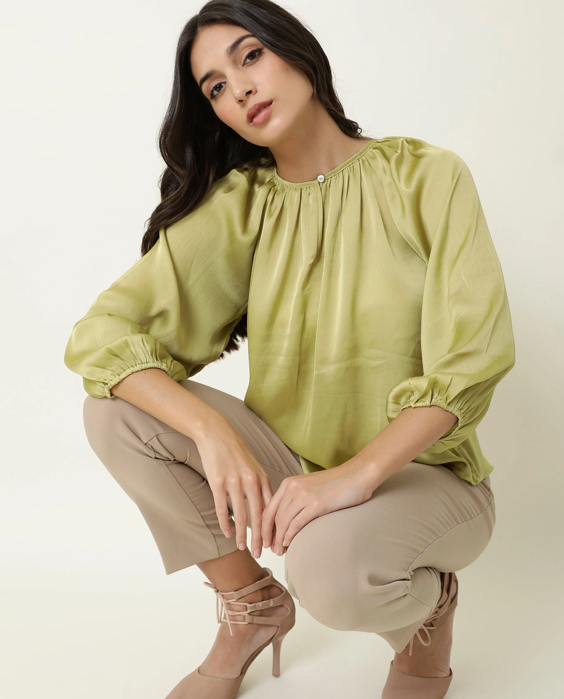 Rareism Womens Fall Green Top Polyester Fabric Full Sleeve Boat Neck - Image 8
