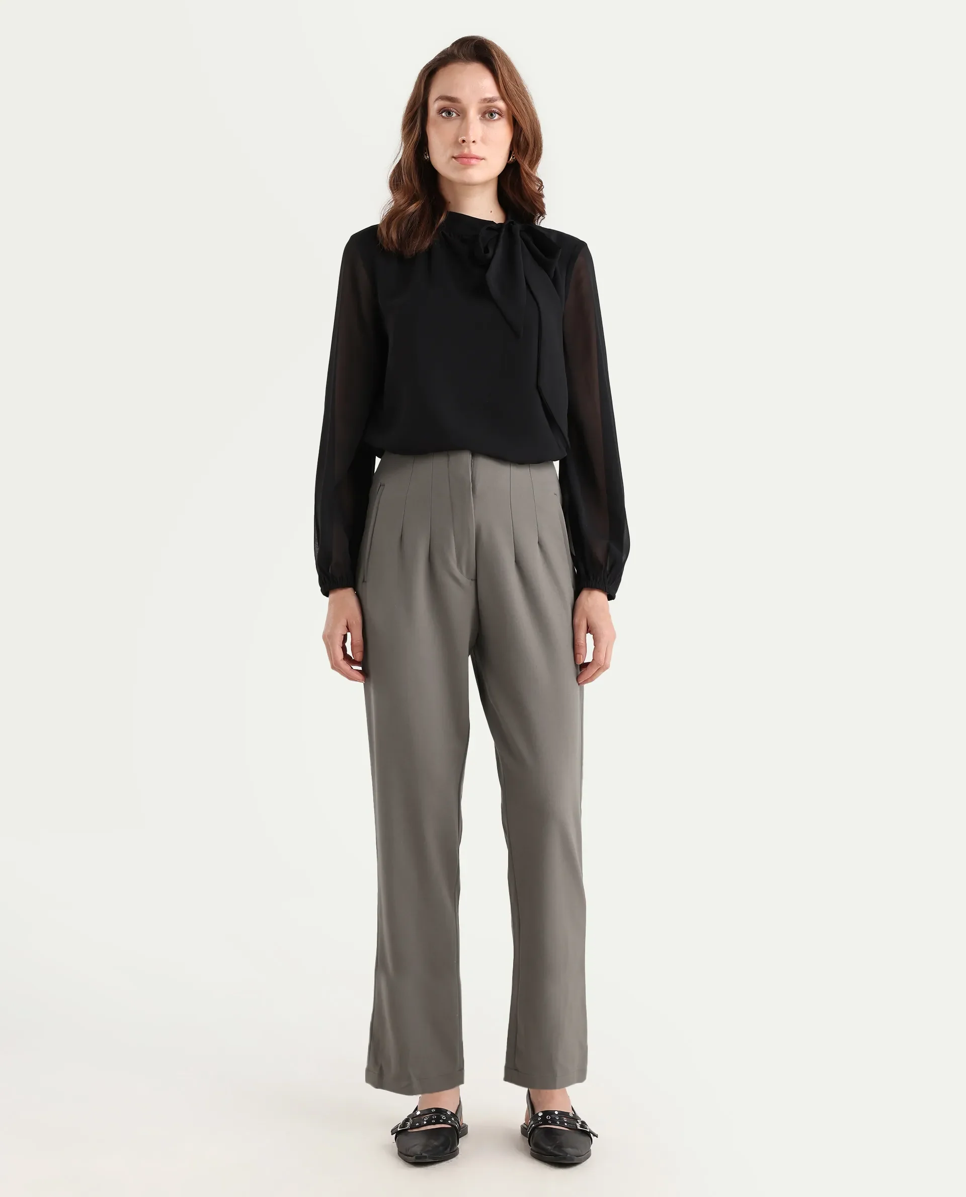 Rareism Women's Falqu Dusky Grey Polyester Blend Plain Ankle Length Tapered Trouser - Image 3