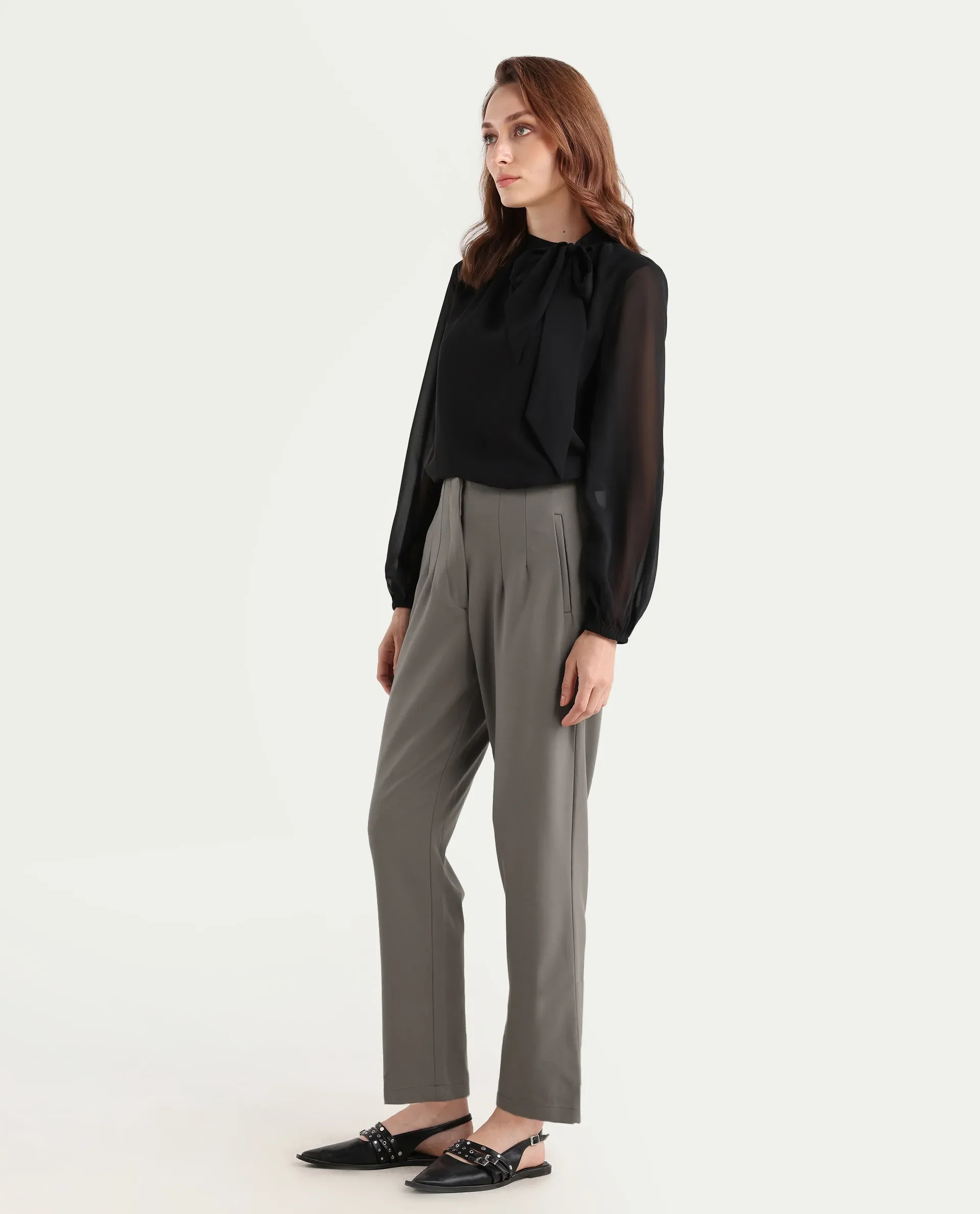 Rareism Women's Falqu Dusky Grey Polyester Blend Plain Ankle Length Tapered Trouser - Image 5