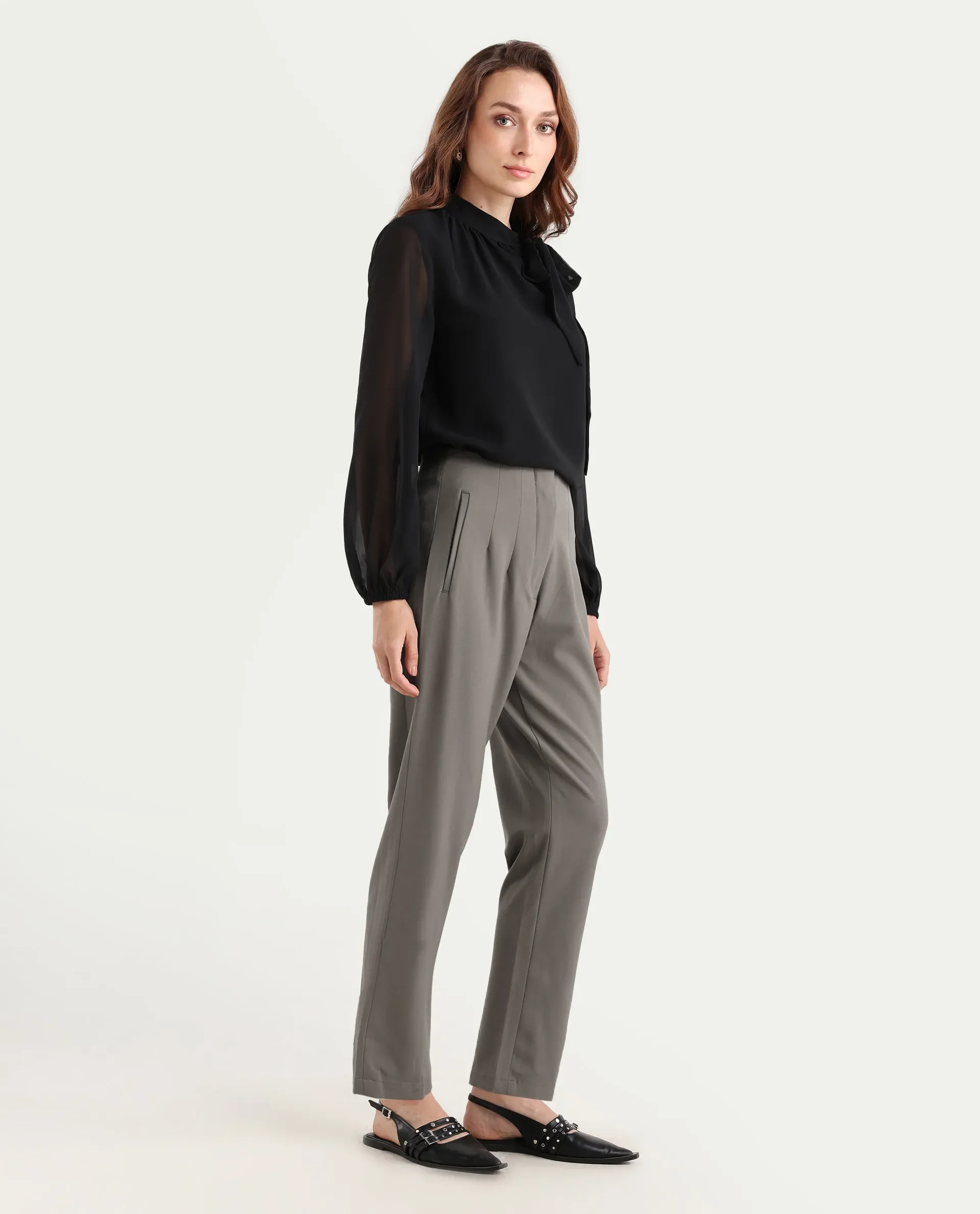 Rareism Women's Falqu Dusky Grey Polyester Blend Plain Ankle Length Tapered Trouser - Image 6