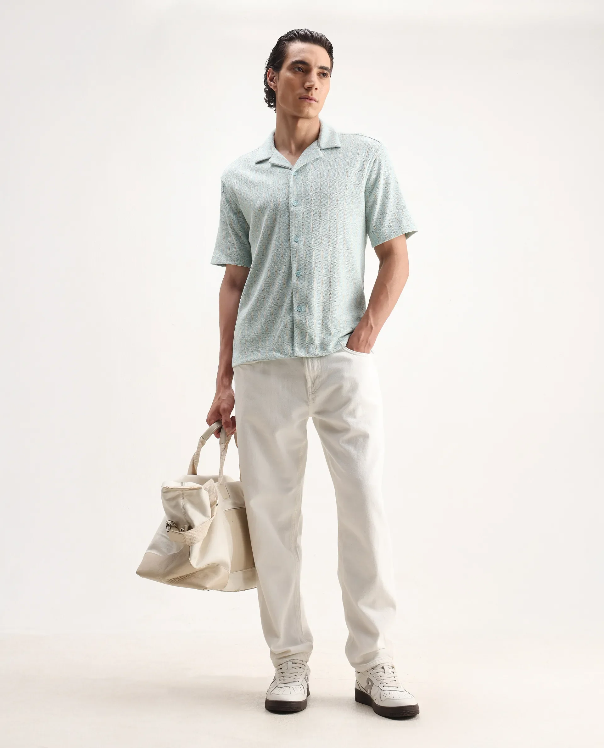 Rare Rabbit Men's Fame Light Blue Cotton Blend Embroidered Relaxed Fit Half Sleeve Cuban Collar Shirt - Image 2