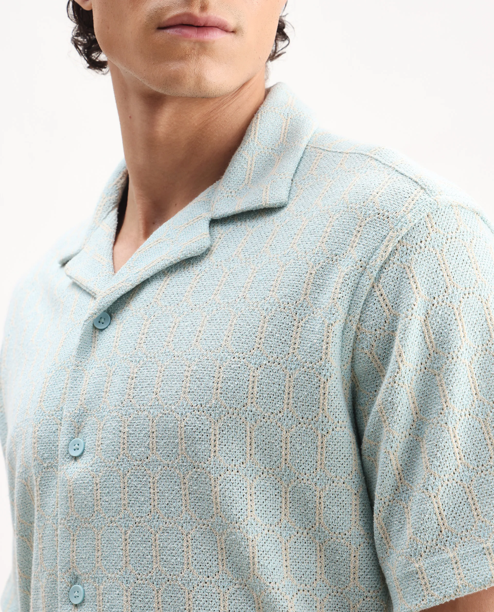 Rare Rabbit Men's Fame Light Blue Cotton Blend Embroidered Relaxed Fit Half Sleeve Cuban Collar Shirt - Image 3