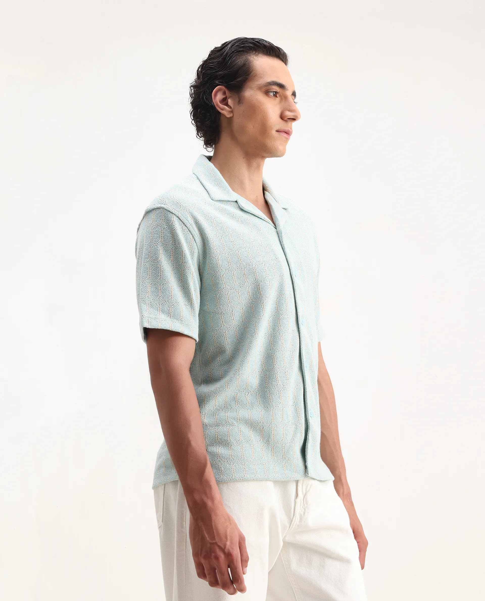 Rare Rabbit Men's Fame Light Blue Cotton Blend Embroidered Relaxed Fit Half Sleeve Cuban Collar Shirt - Image 4