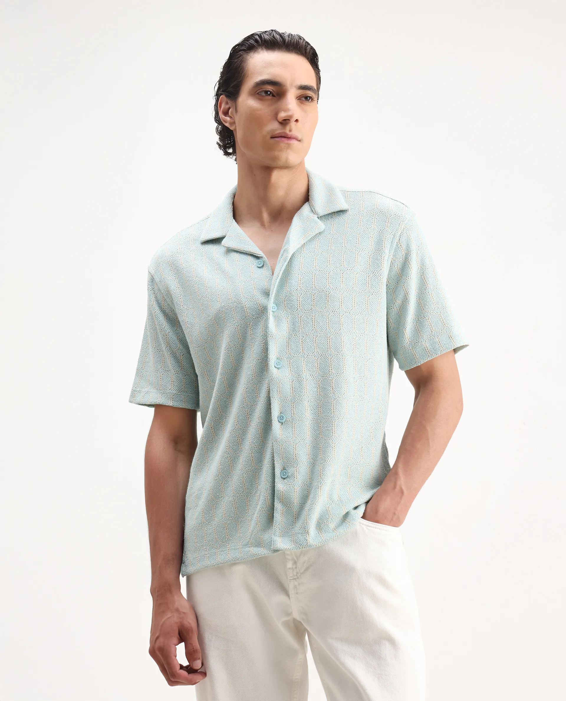 Rare Rabbit Men's Fame Light Blue Cotton Blend Embroidered Relaxed Fit Half Sleeve Cuban Collar Shirt - Image 5
