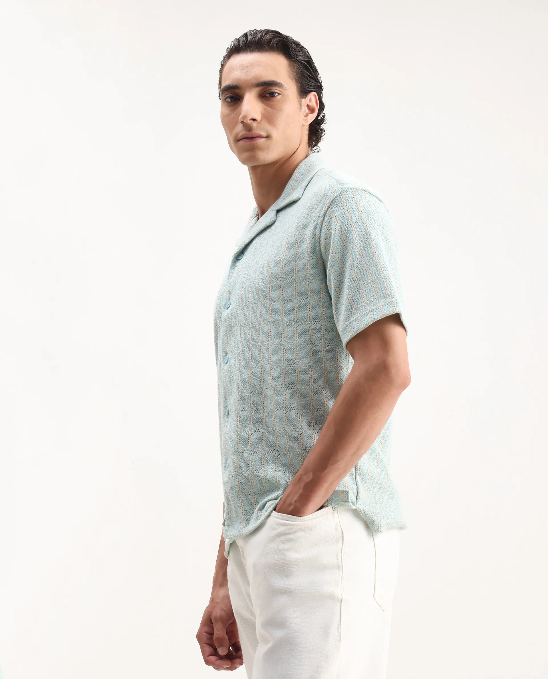 Rare Rabbit Men's Fame Light Blue Cotton Blend Embroidered Relaxed Fit Half Sleeve Cuban Collar Shirt - Image 6
