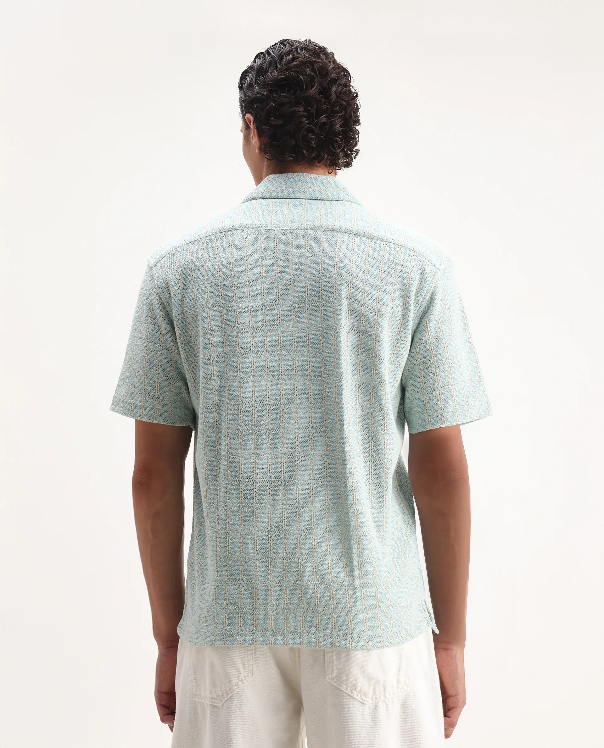 Rare Rabbit Men's Fame Light Blue Cotton Blend Embroidered Relaxed Fit Half Sleeve Cuban Collar Shirt - Image 7